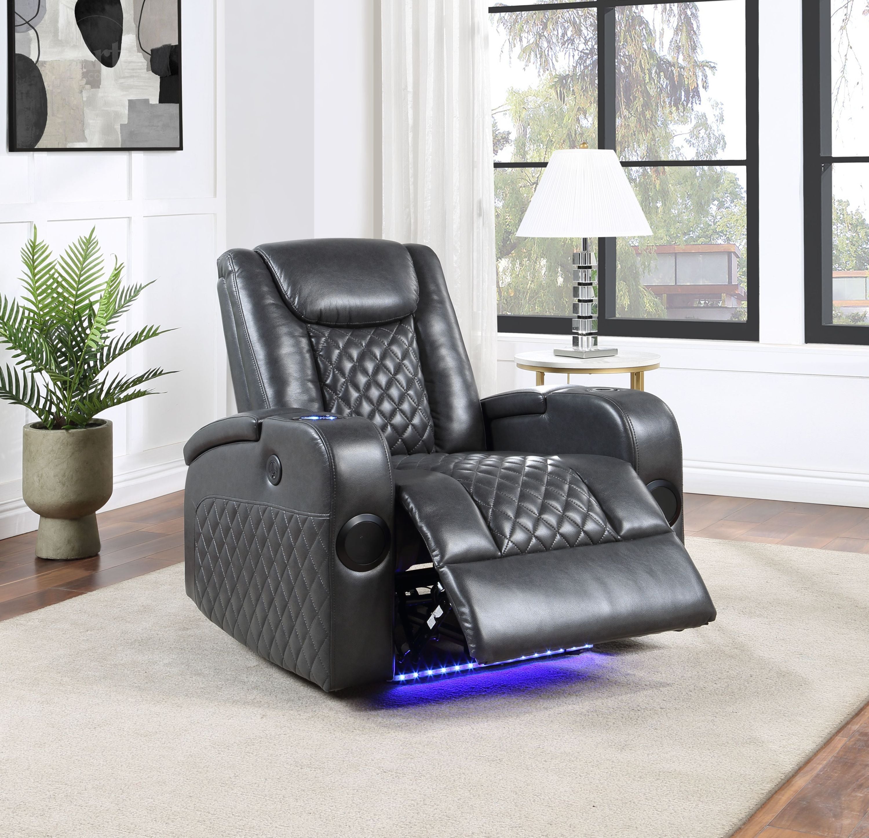 Power Motion Recliner w/Bluetooth Speaker & Cooling Cup Holder / Dark Gray Leather Aire