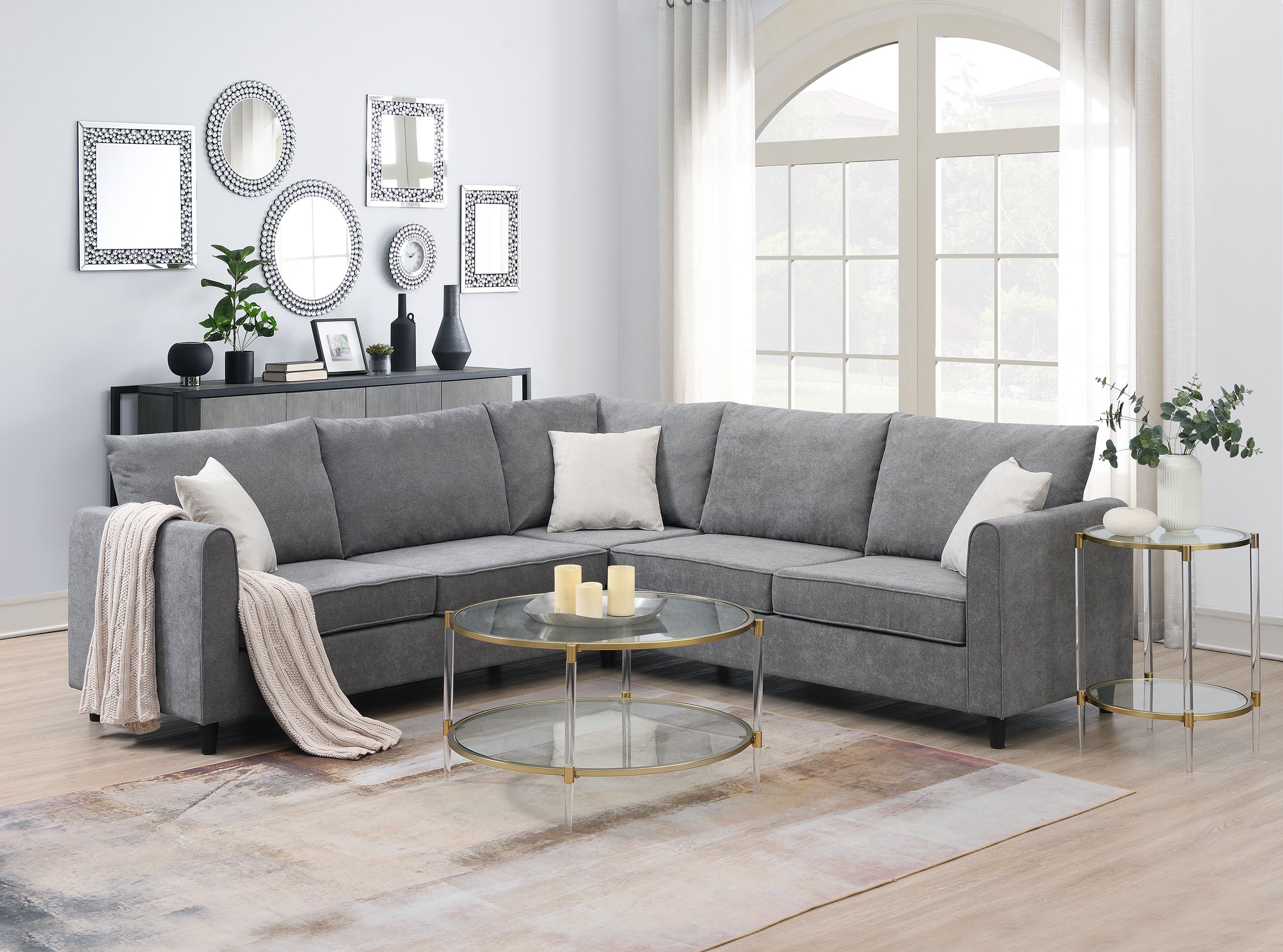 Modern Upholstered Living Room Sectional Sofa / L Shape Furniture Couch with 3 Pillows