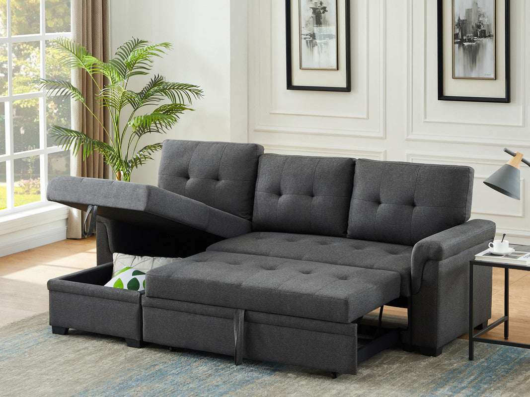 84" Dark Gray Linen Reversible Sleeper Sectional Sofa with Storage Chaise