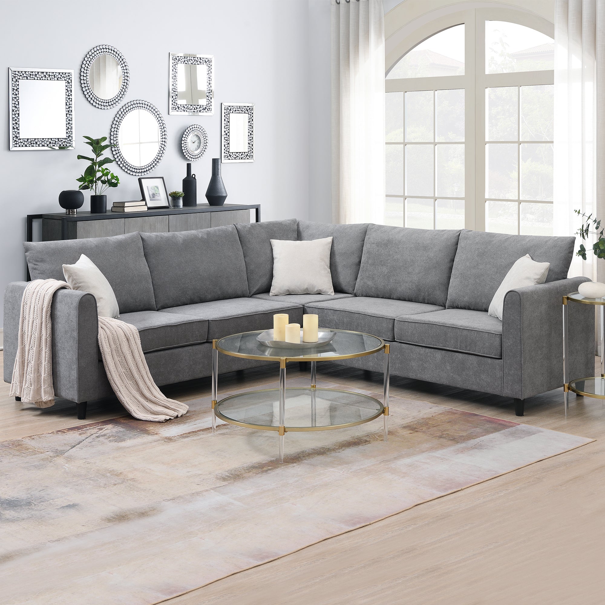 Modern Upholstered Living Room Sectional Sofa / L Shape Furniture Couch with 3 Pillows