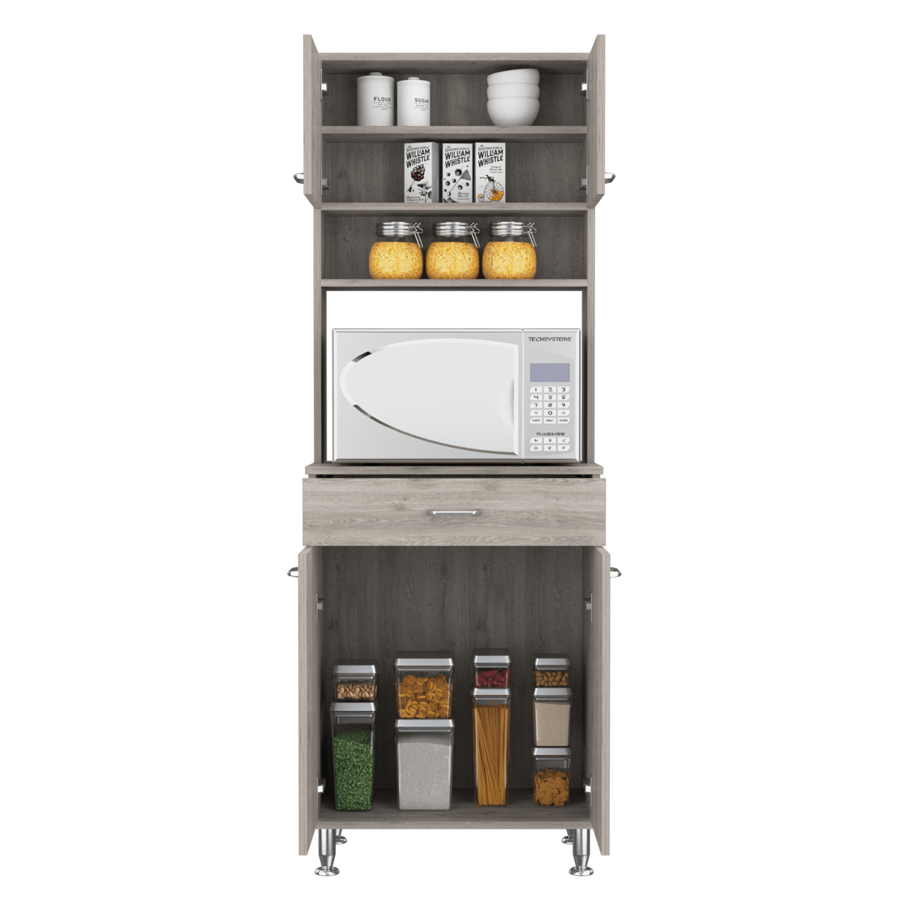 Bay Area Pantry, Two Door Cabinets, One Drawer, Four Adjustable Metal Legs