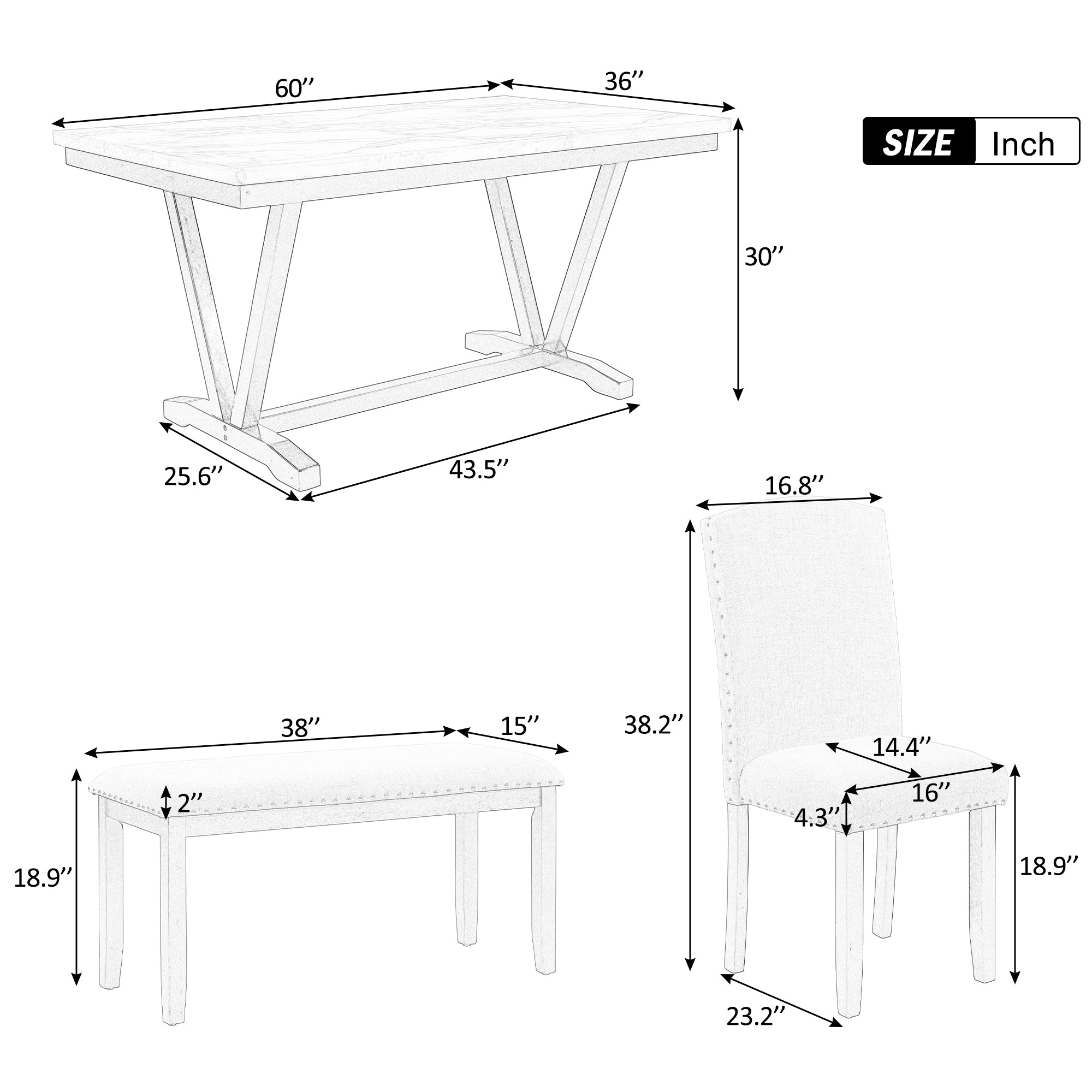 Modern Style 6-piece Dining Table with 4 Chairs & 1 Bench