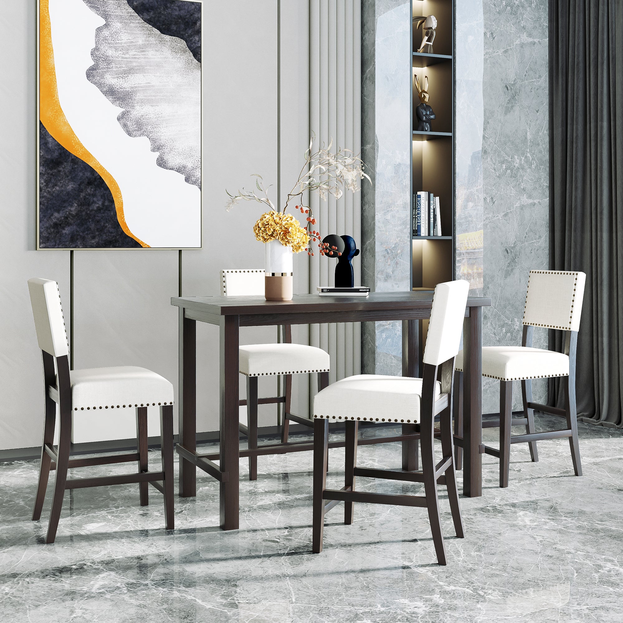 5-Piece Counter Height Dining Set, Classic Elegant Table and 4 Chairs