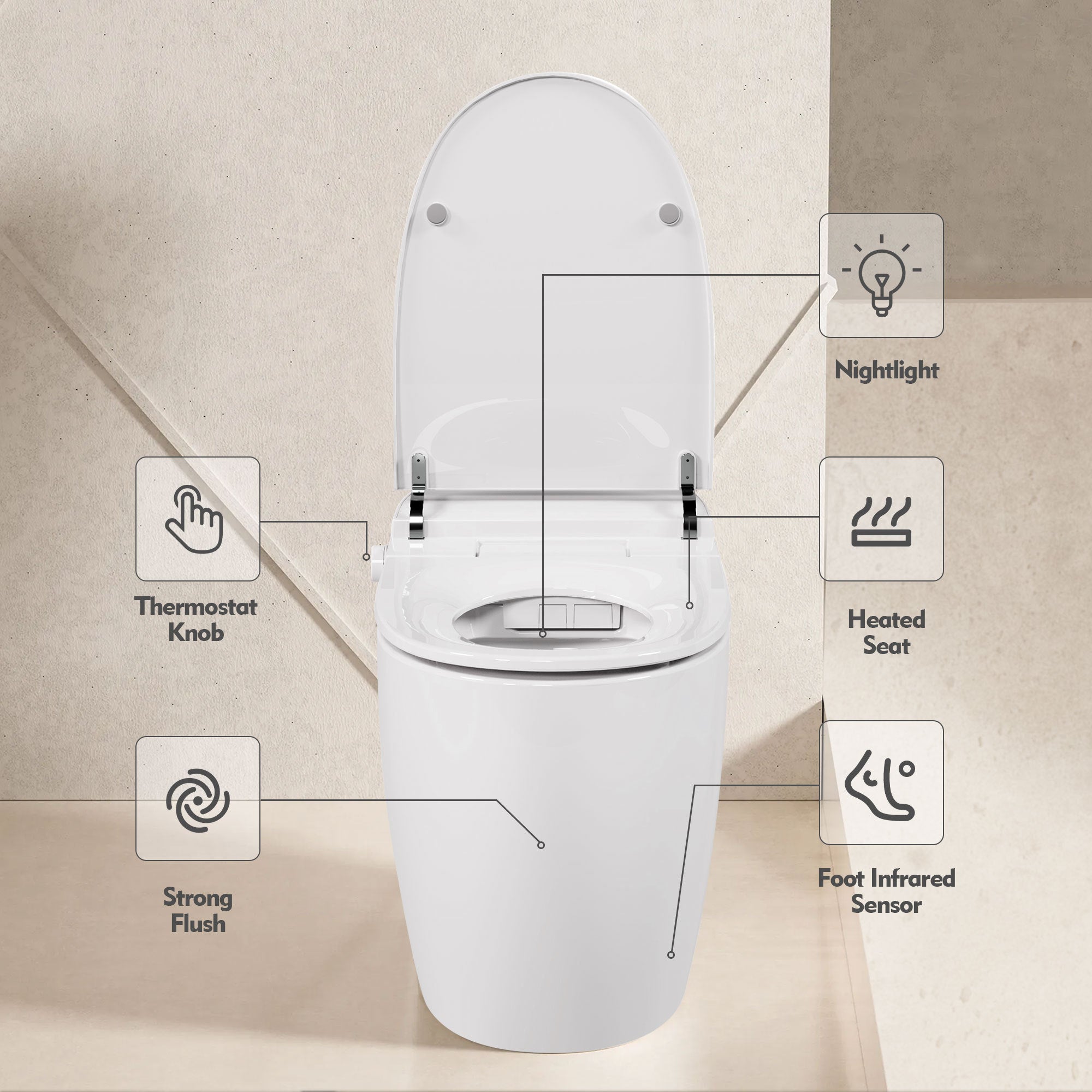 Heated Seat Smart Toilet, One Piece Toilet, Automatic Flush Tank Less Toilet without Bidet