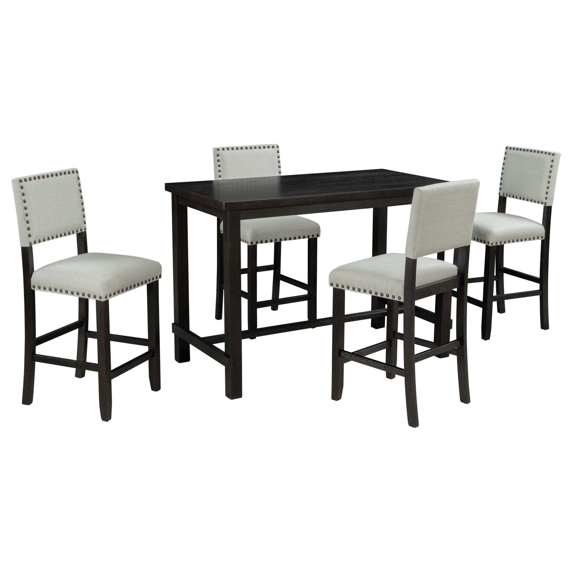 5-Piece Counter Height Dining Set, Classic Elegant Table and 4 Chairs in Espresso and Beige