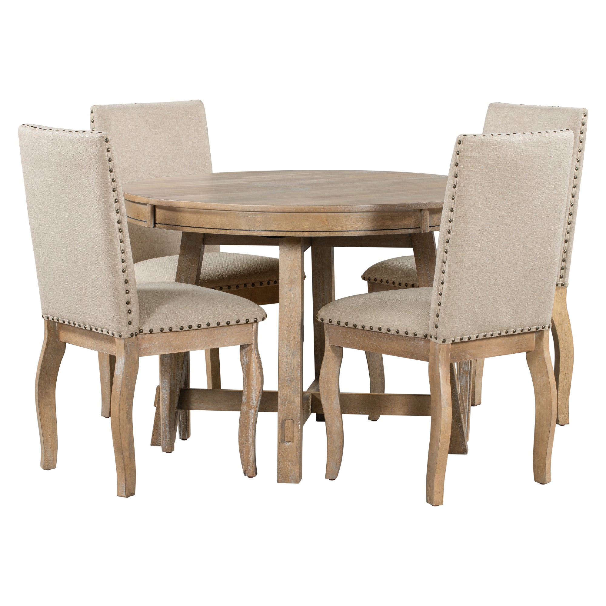 5-Piece Farmhouse Dining Table Set Wood Round Extendable Dining Table and 4 Dining Chairs