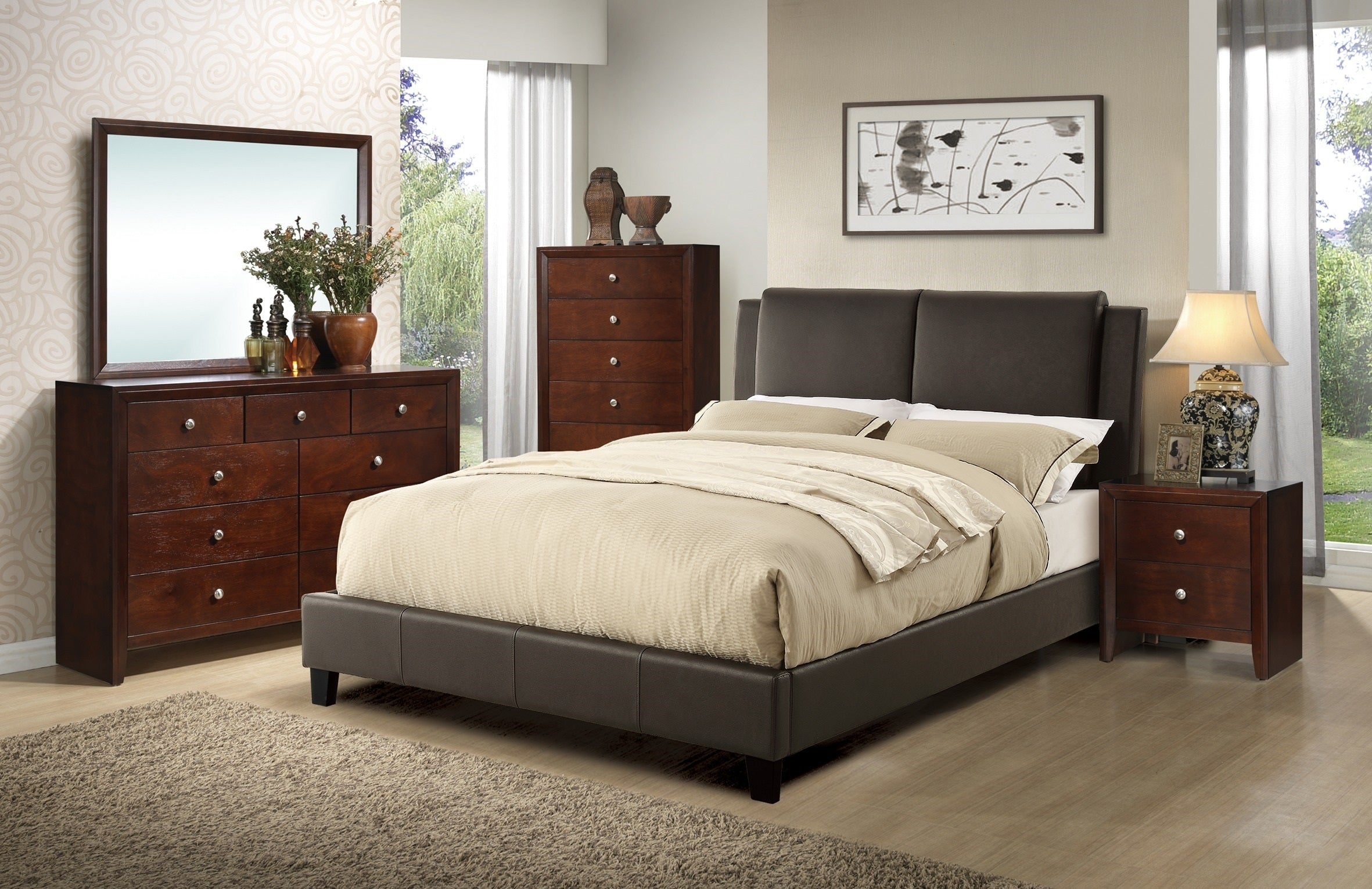 Queen Size Bed Brown Faux Leather Upholstered Two-Panel Bed Frame Headboard
