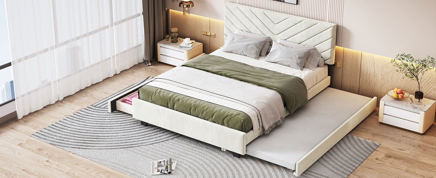 Queen Size Upholstered Platform Bed with Twill Headboard