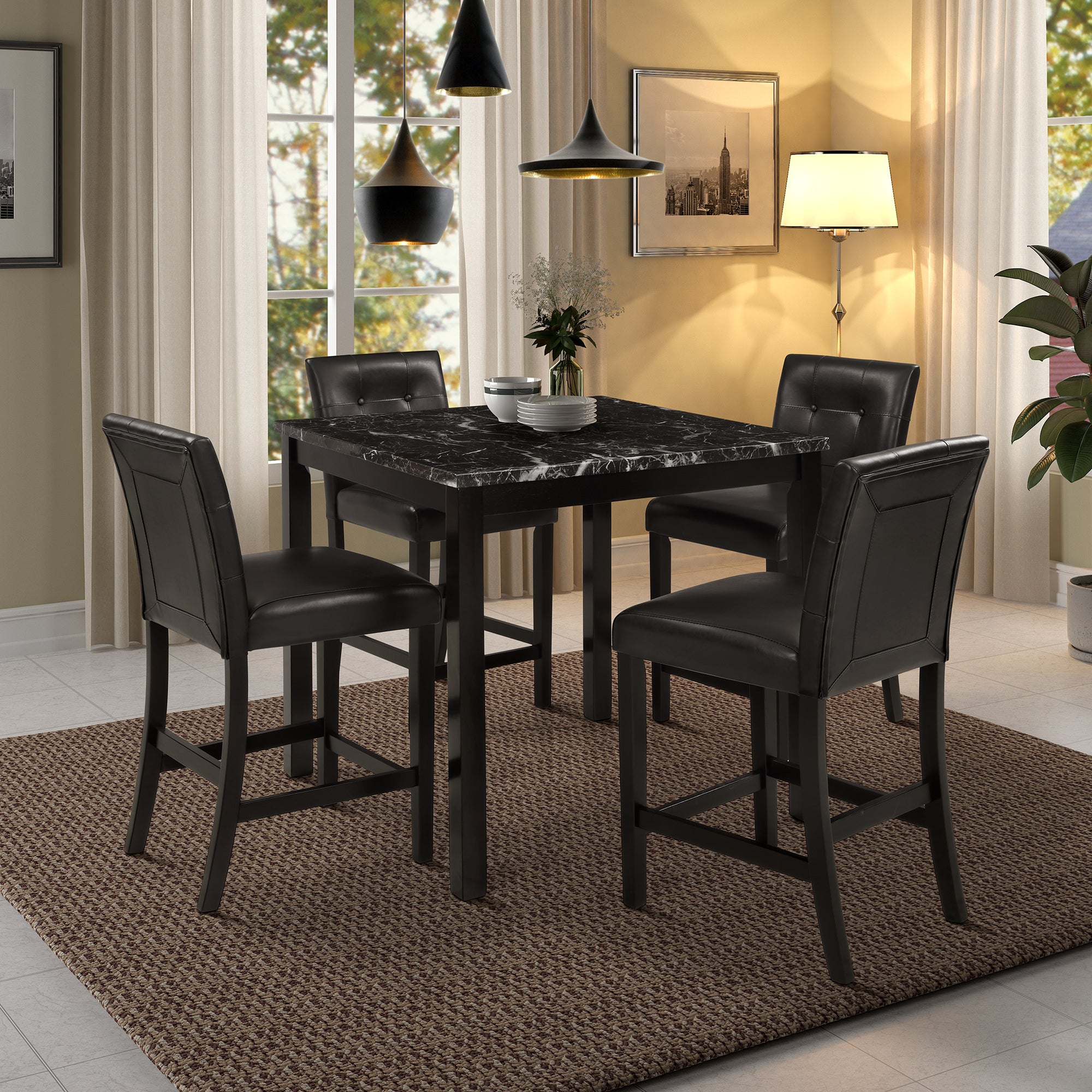 5-Piece Kitchen Table Set Faux Marble Top Counter Height Dining Table Set with 4 Leather-Upholstered Chairs