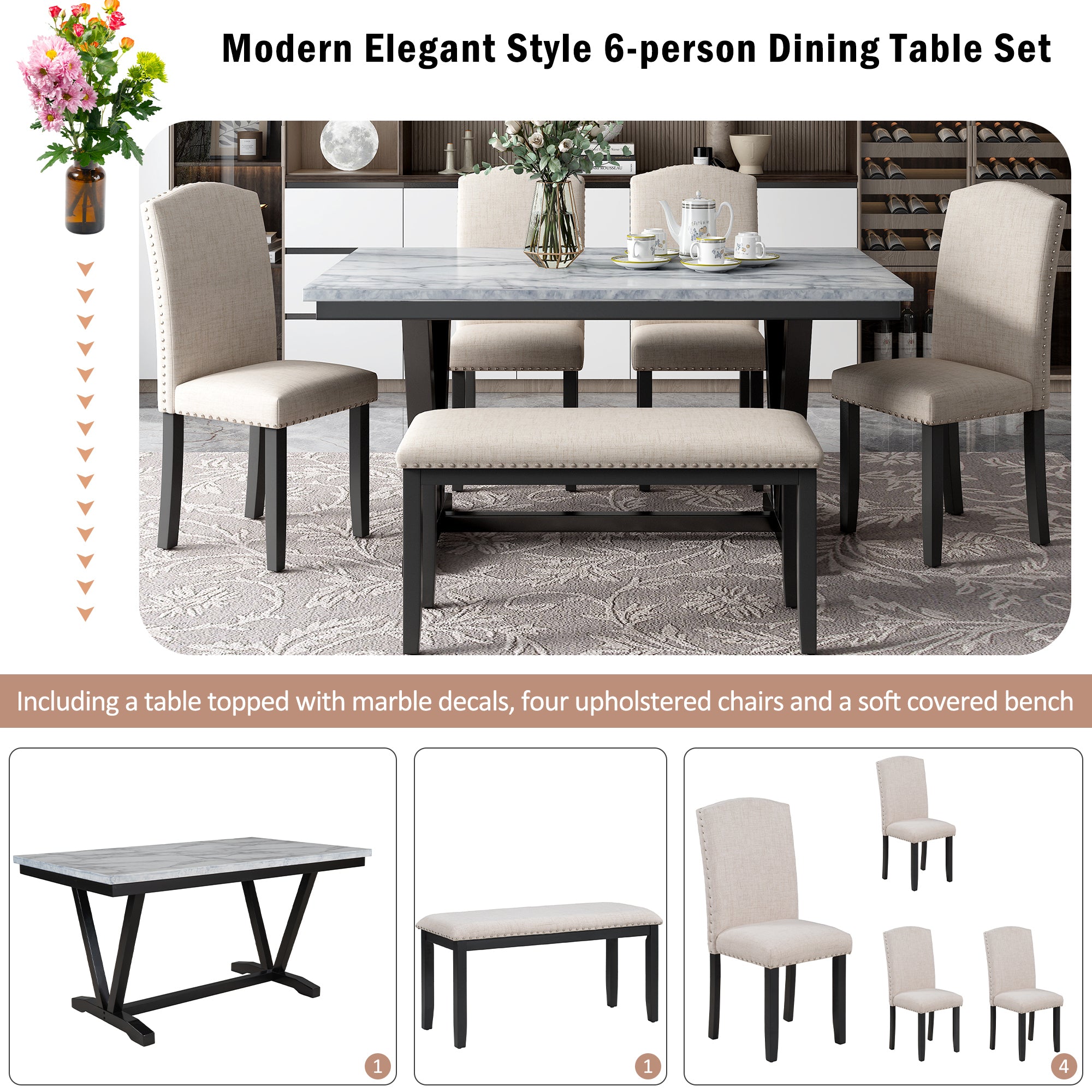 Modern Style 6-piece Dining Table with 4 Chairs & 1 Bench