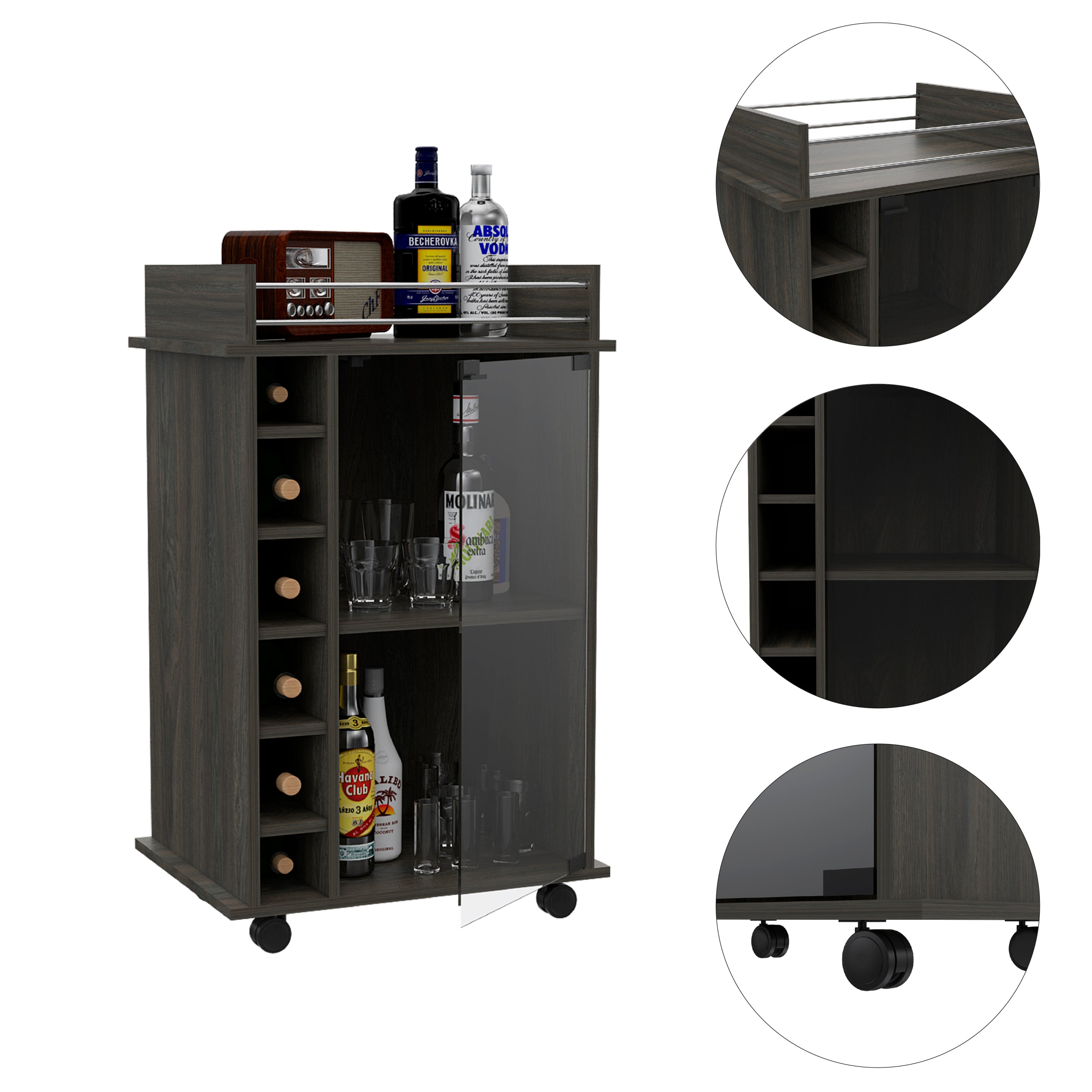 Vegas Bar Cart, Two Tier Cabinet With Glass Door