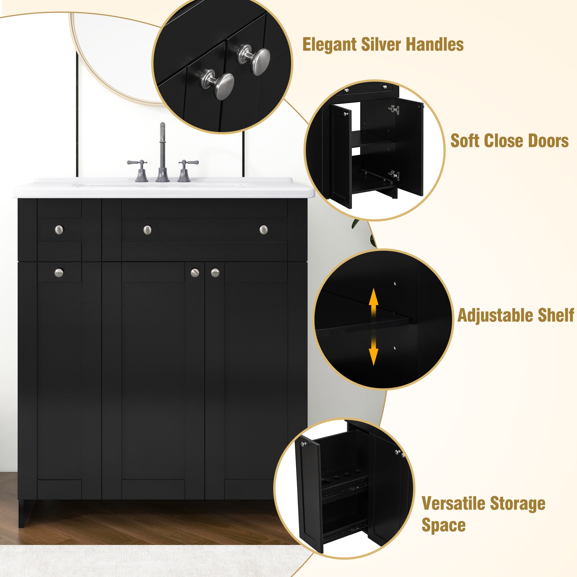 30-Inch Black Bathroom Vanity with Ceramic Sink Combo