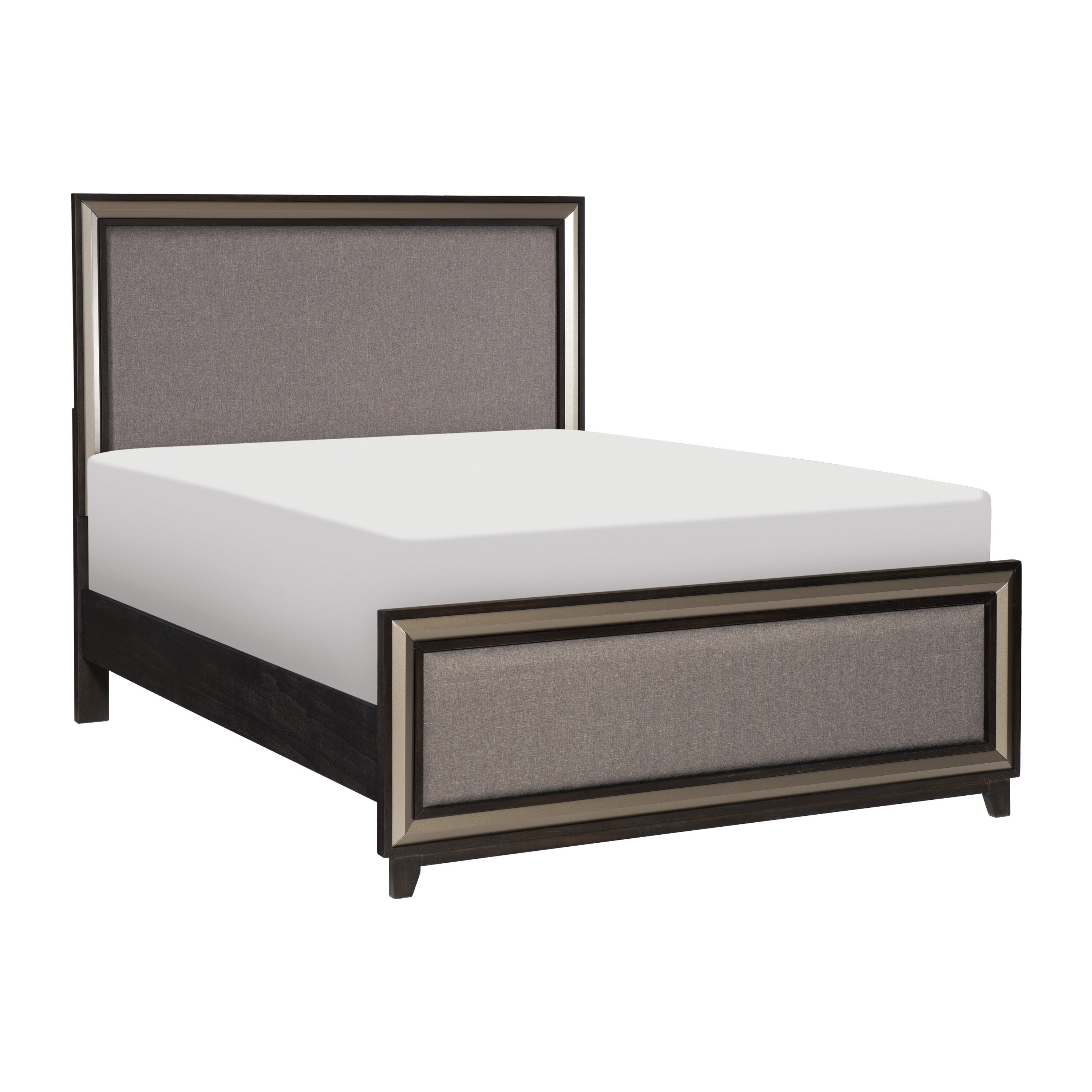Ebony Finish and Silver Lining Modern Queen Bed Gray Upholstered Headboard Footboard Contemporary Wooden Bedroom Furniture Panel Bed