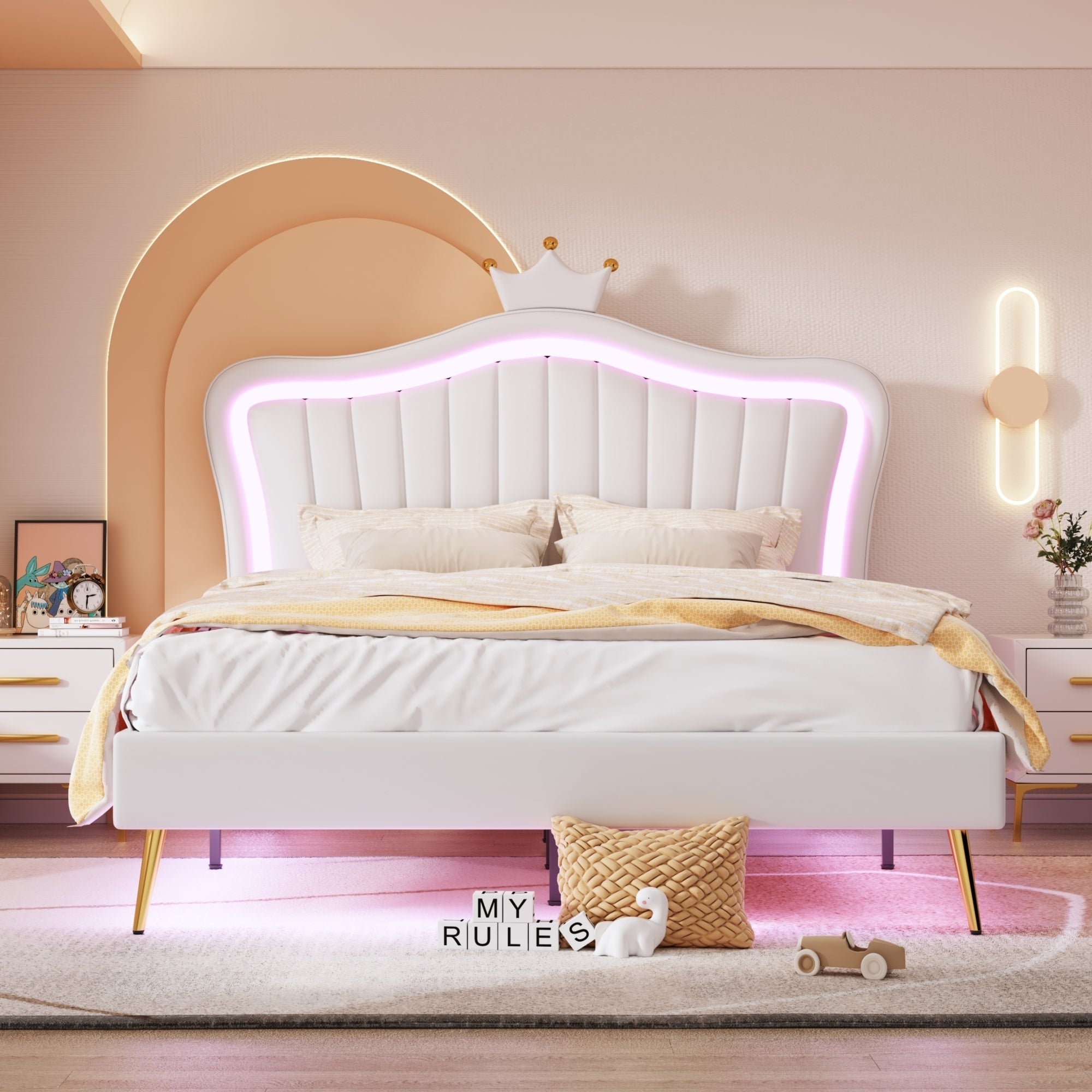 Queen Size Upholstered Bed Frame with LED Lights, Modern Upholstered Princess Bed With Crown Headboard