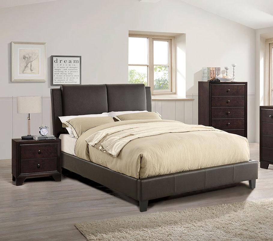 Queen Size Bed Brown Faux Leather Upholstered Two-Panel Bed Frame Headboard