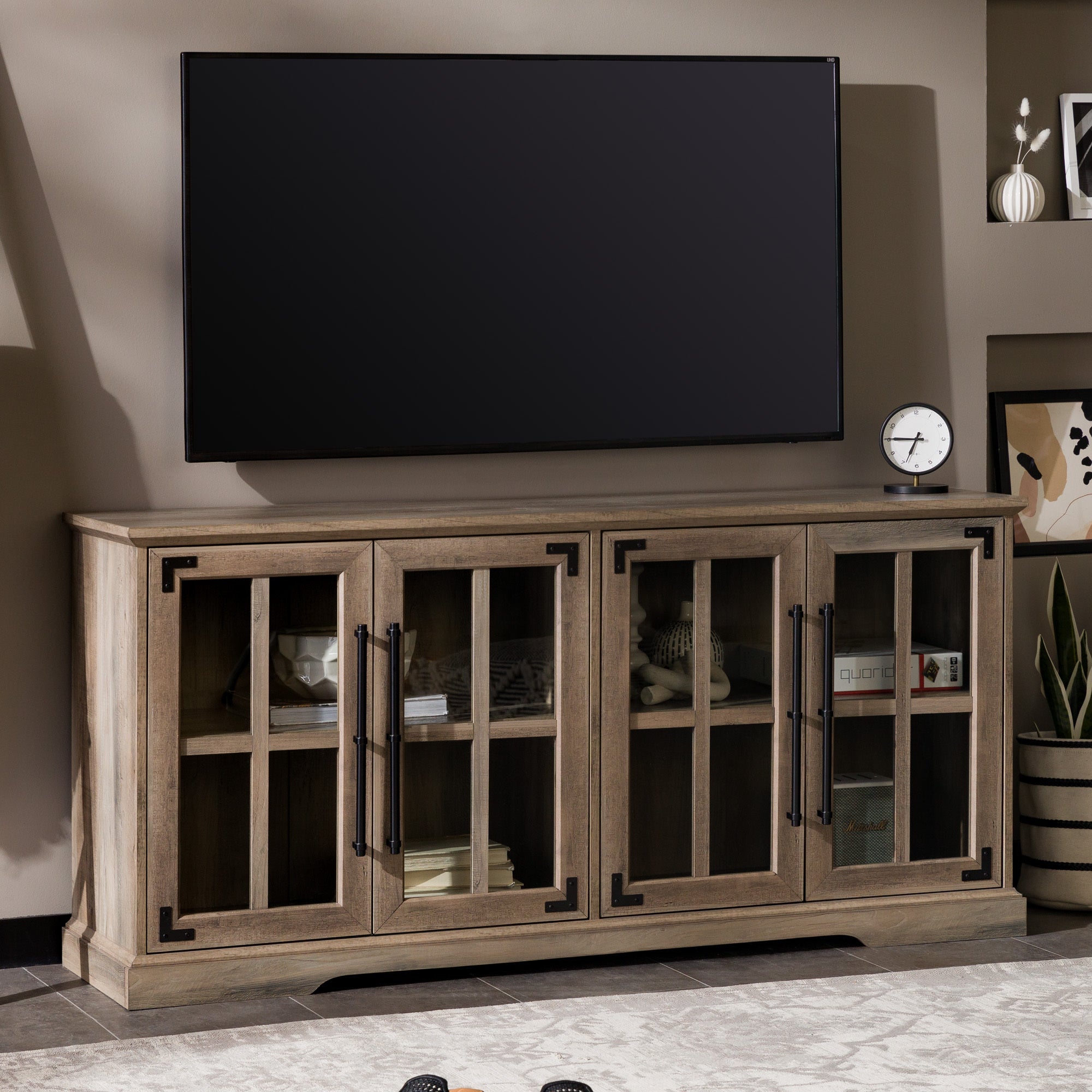 Modern Farmhouse Windowpane Glass-Door TV Stand for TVs up to 65"