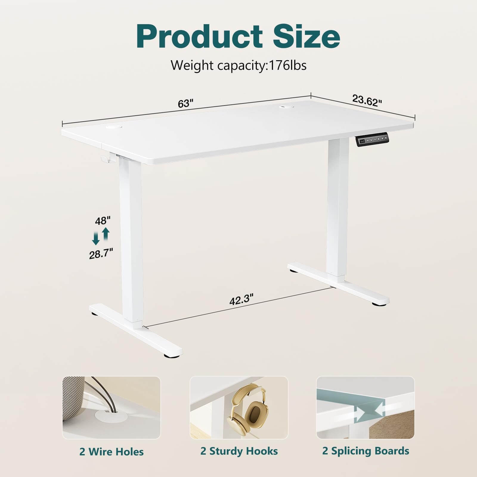Electric Height Adjustable Standing Desk,Sit to Stand Ergonomic Computer Desk,White,63'' x 24"
