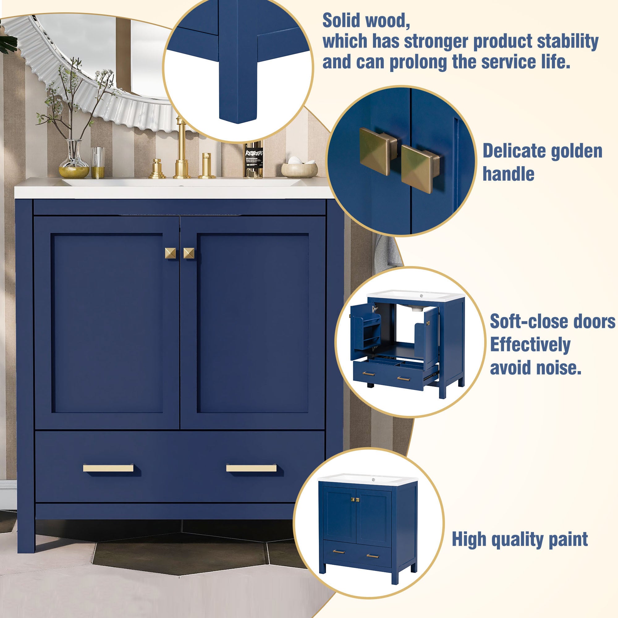 30" Blue Bathroom Vanity with Single Sink, Combo Cabinet Undermount Sink, Bathroom Storage Cabinet