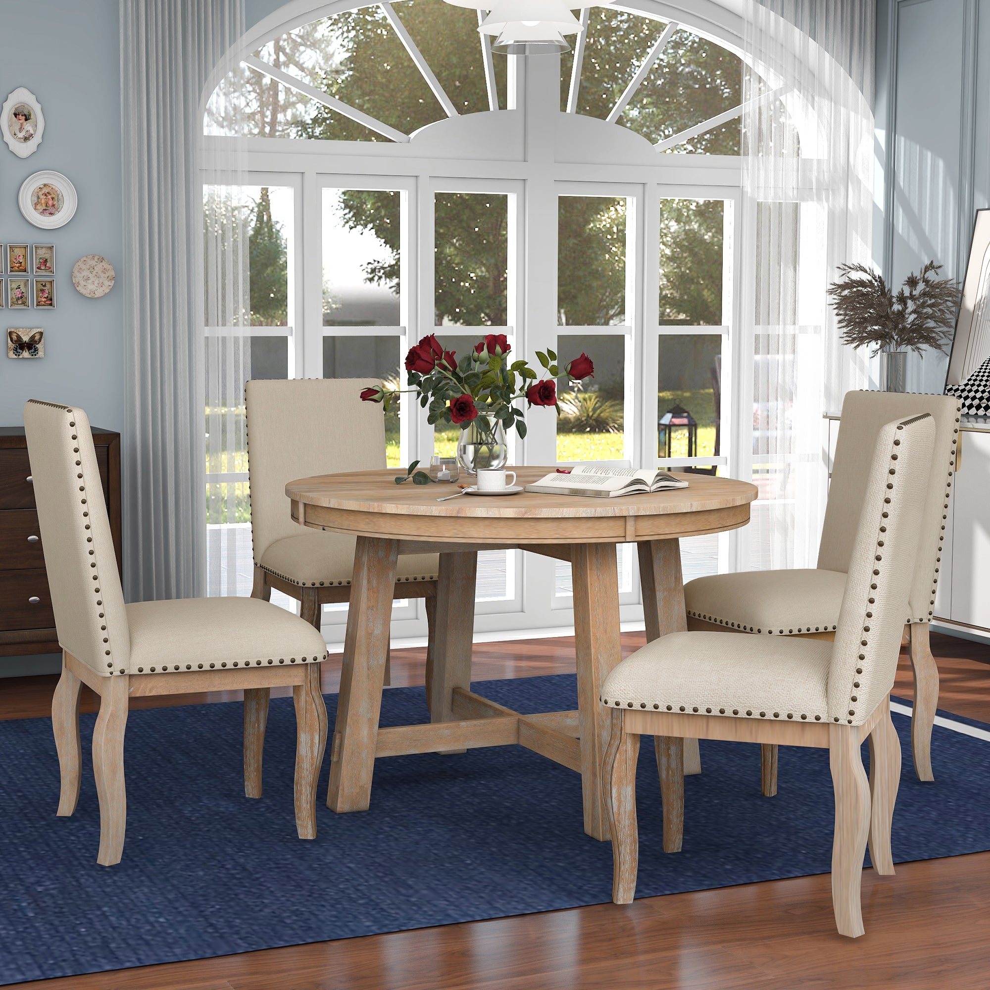 5-Piece Farmhouse Dining Table Set Wood Round Extendable Dining Table and 4 Dining Chairs