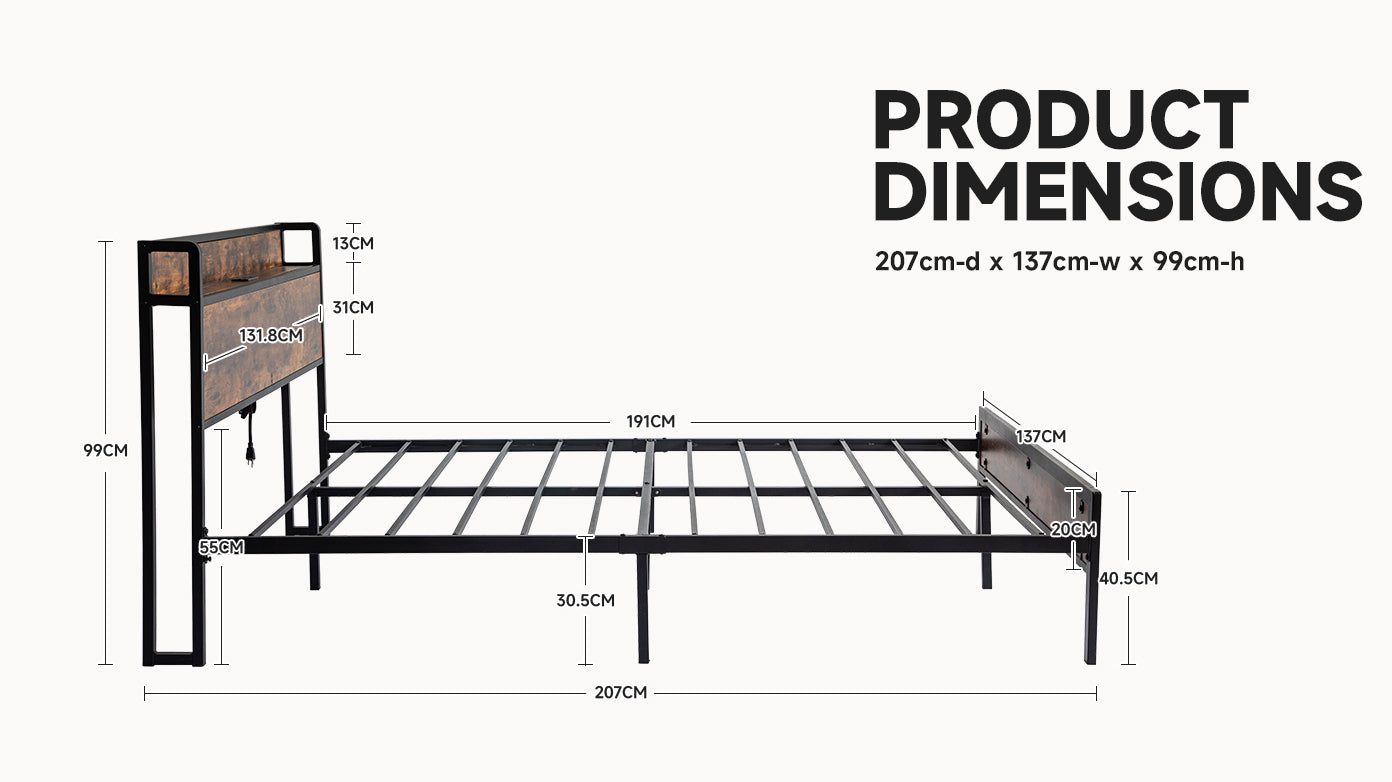 Black Full Metal Bed Frame with Wooden Headboard and and Footboard and Iron Slats