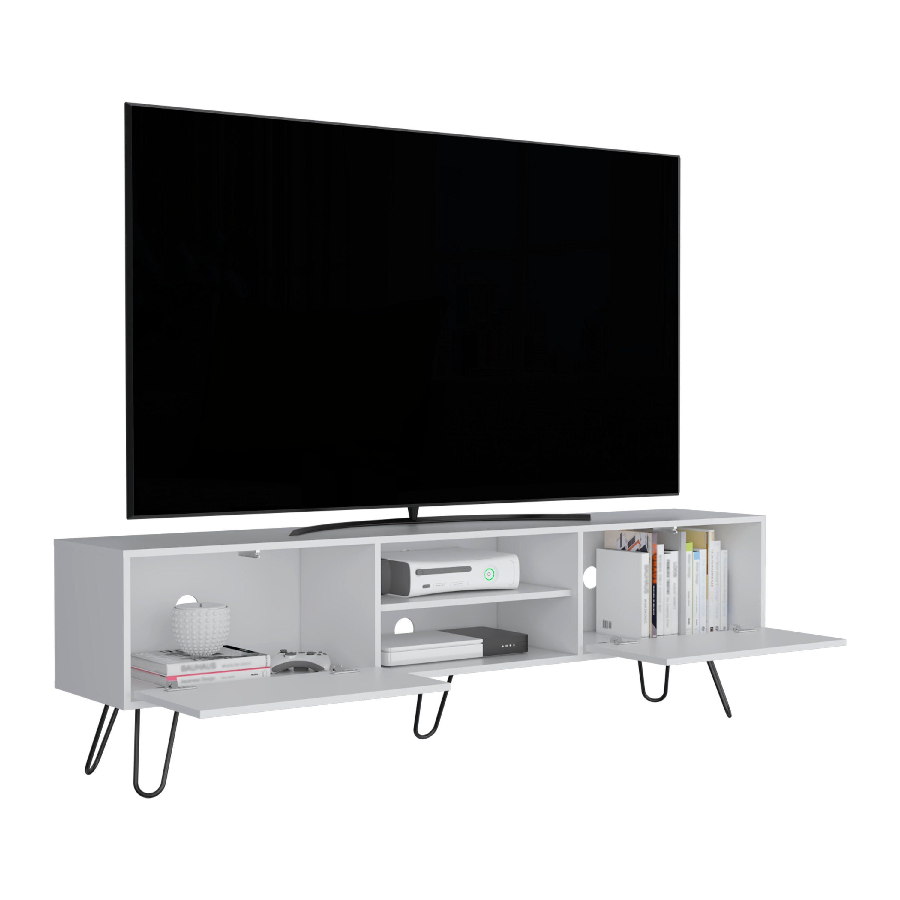 TV Stand, Entertainment Unit with Hinged Drawers and Hairpin Legs