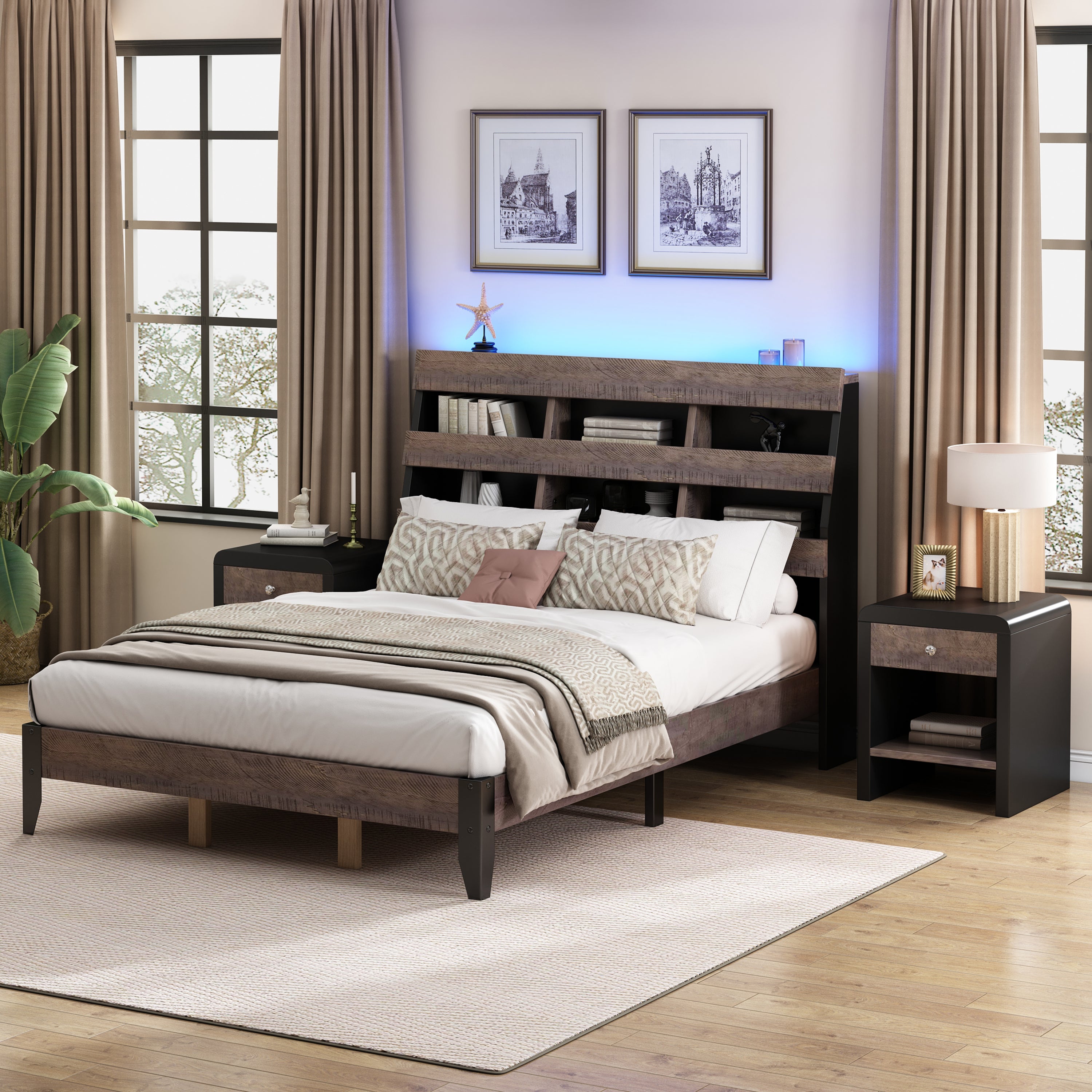 Mid Century Modern Style Queen Bed Frame with Bookshelf and LED Lights and USB Port