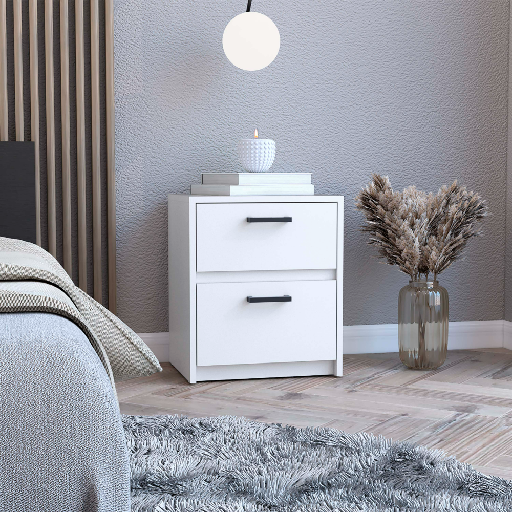 2 Drawers Nightstand , End Table, Side Table Metal Handles -White