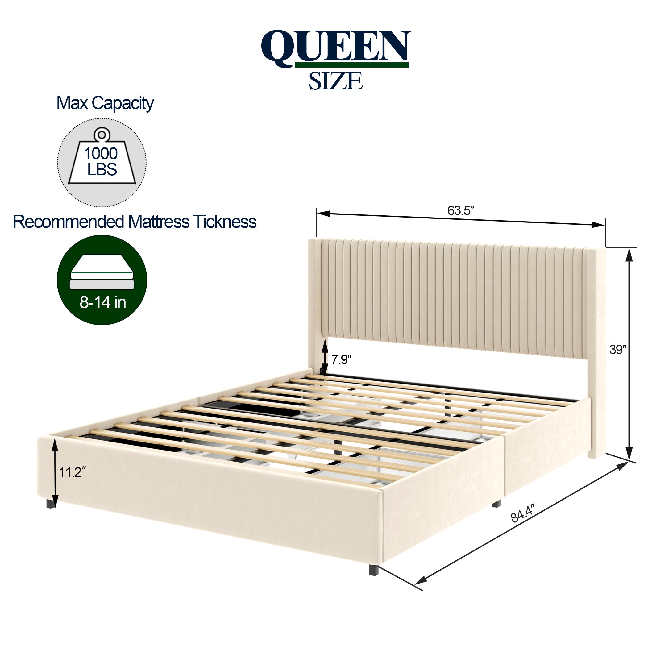 Queen Size Ivory Velvet Upholstered Wingback Platform Bed with Patented 4 Drawers Storage