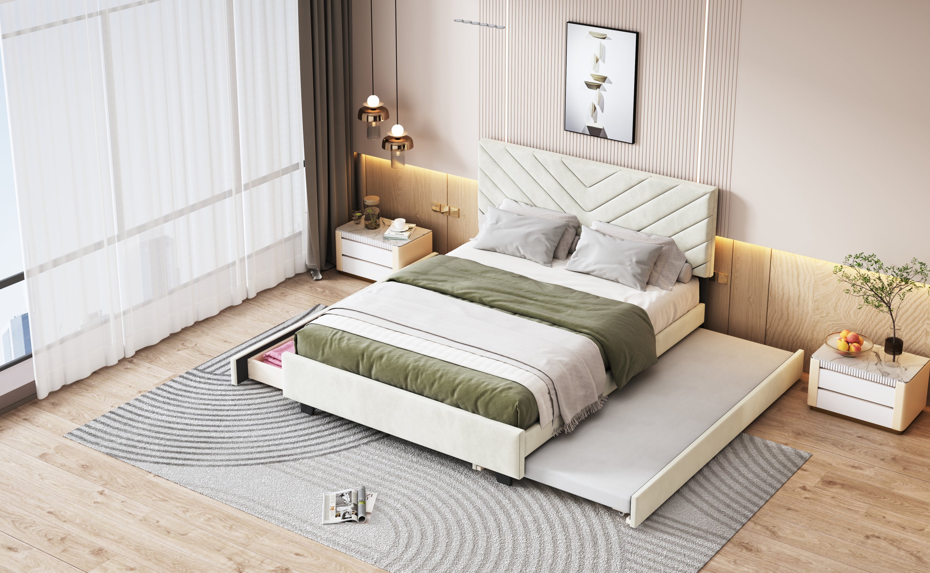 Queen Size Upholstered Platform Bed with Twill Headboard