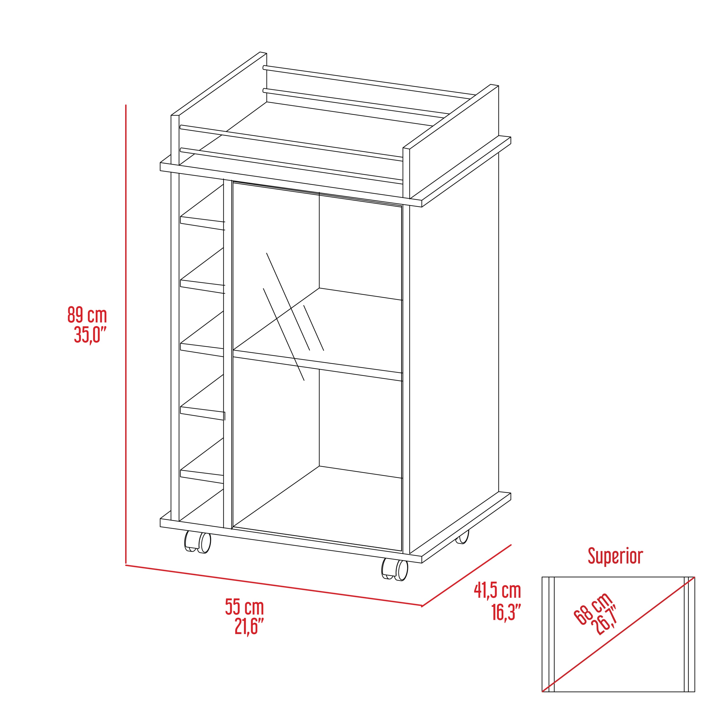 Vegas Bar Cart, Two Tier Cabinet With Glass Door