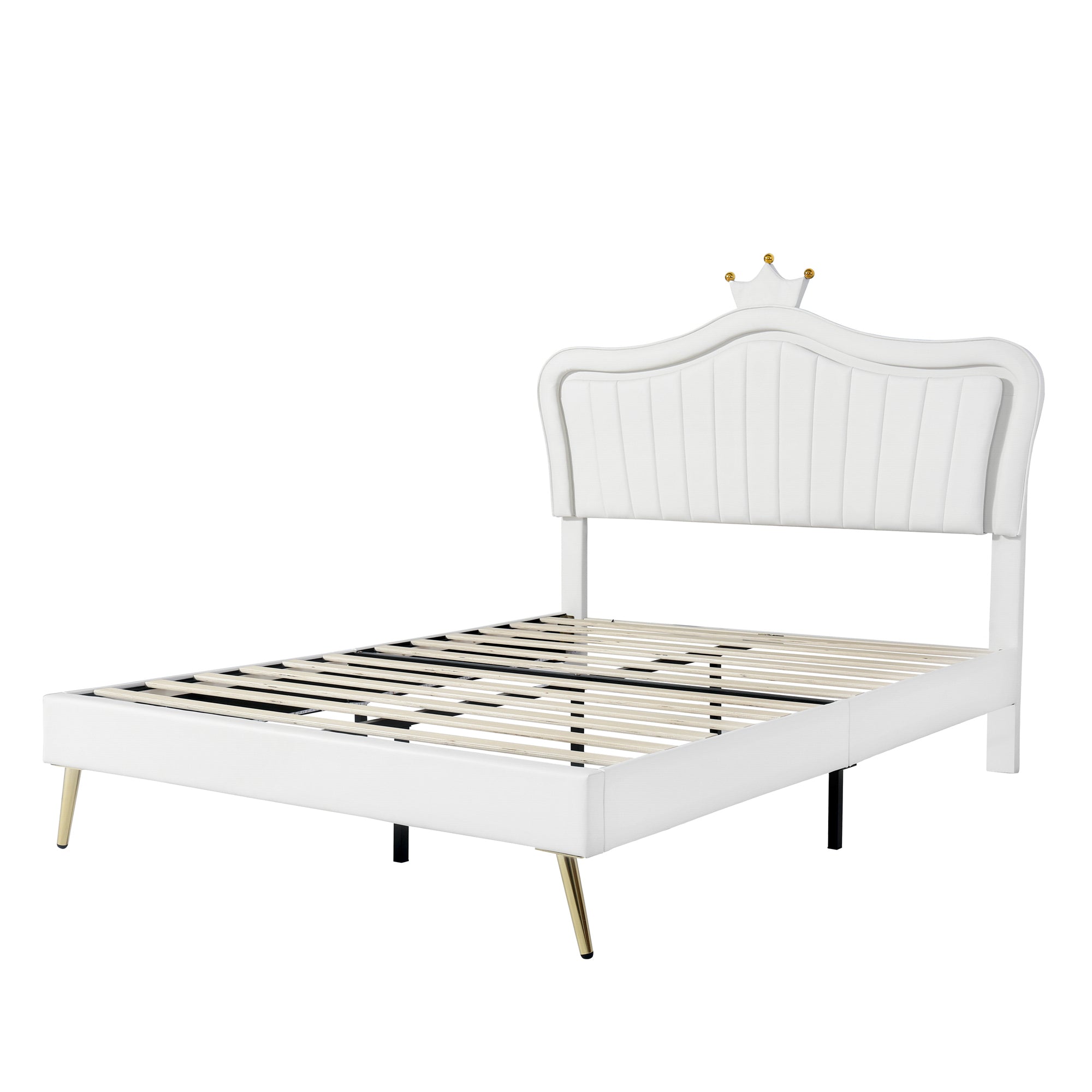 Queen Size Upholstered Bed Frame with LED Lights, Modern Upholstered Princess Bed With Crown Headboard