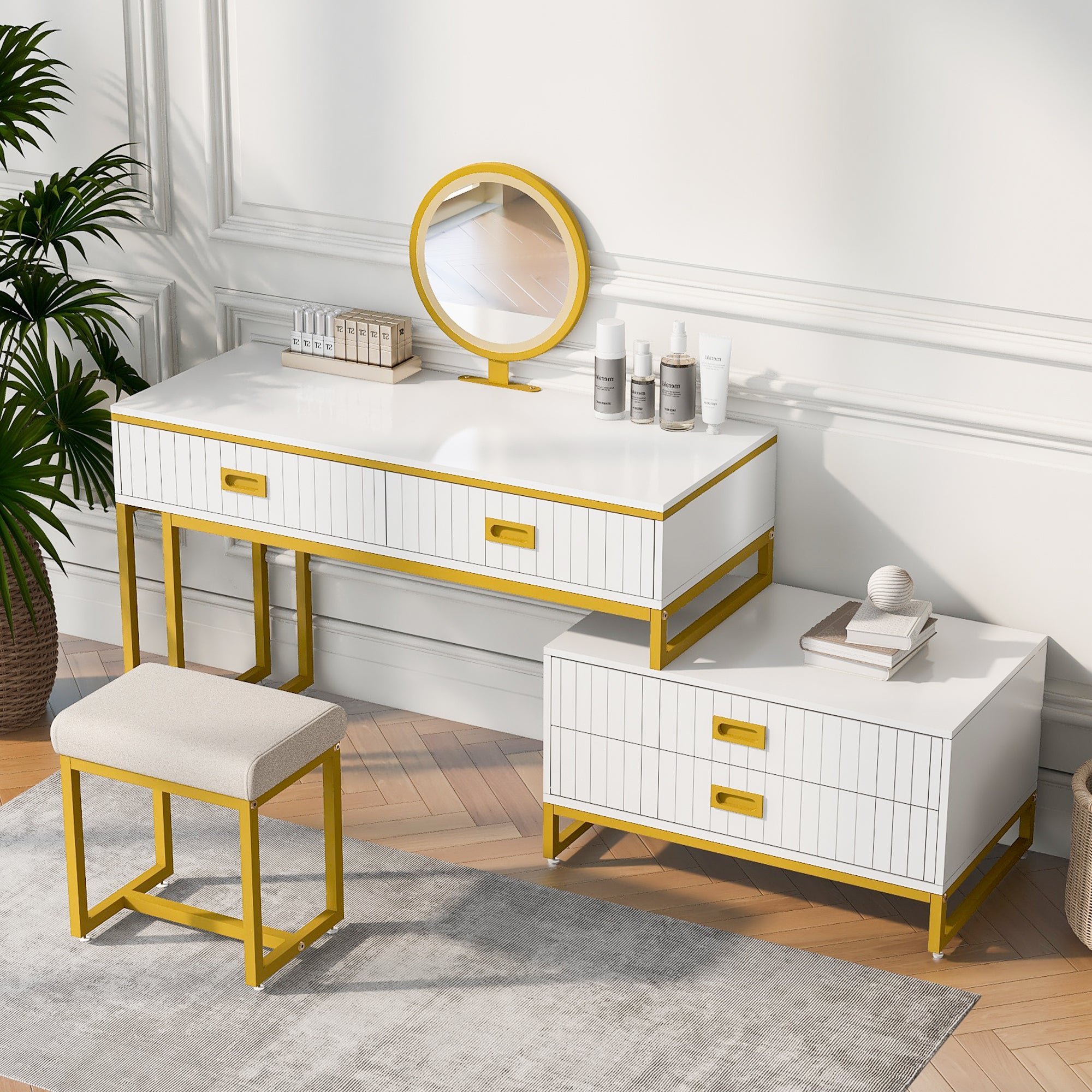 Modern Style Vanity Table With Movable Side Cabinet And 4-Drawers, Large Size Dressing Table With Mirror and 3-colors LED Light, Makeup Table With Stool,