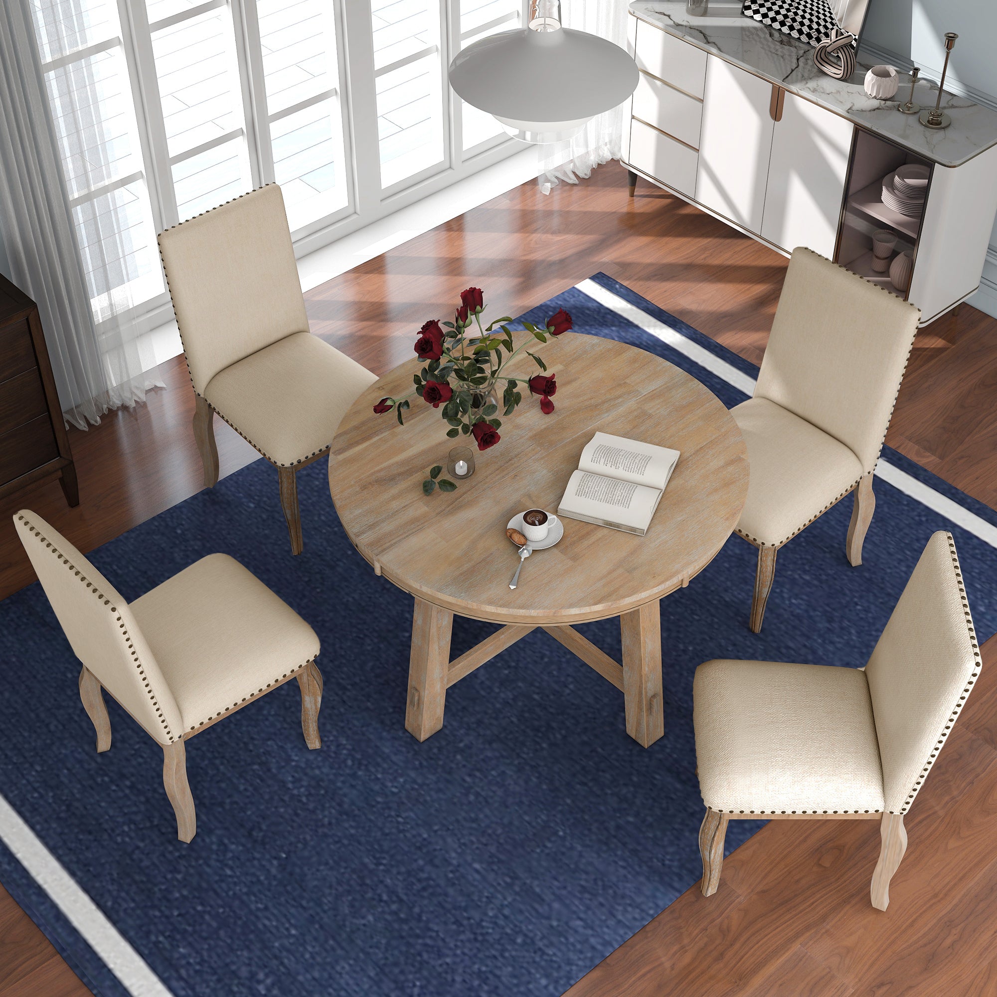 5-Piece Farmhouse Dining Table Set Wood Round Extendable Dining Table and 4 Dining Chairs