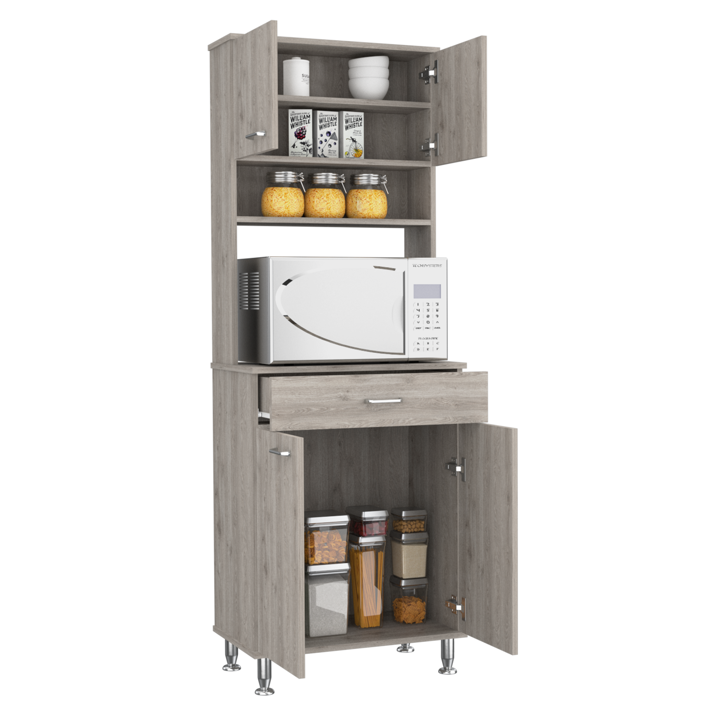 Bay Area Pantry, Two Door Cabinets, One Drawer, Four Adjustable Metal Legs