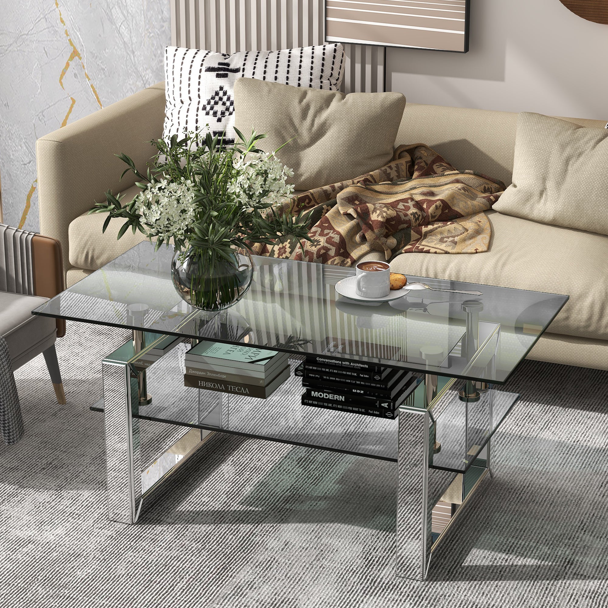 W 39.4" X D 19.7 " X H 17.7" Transparent tempered glass coffee table