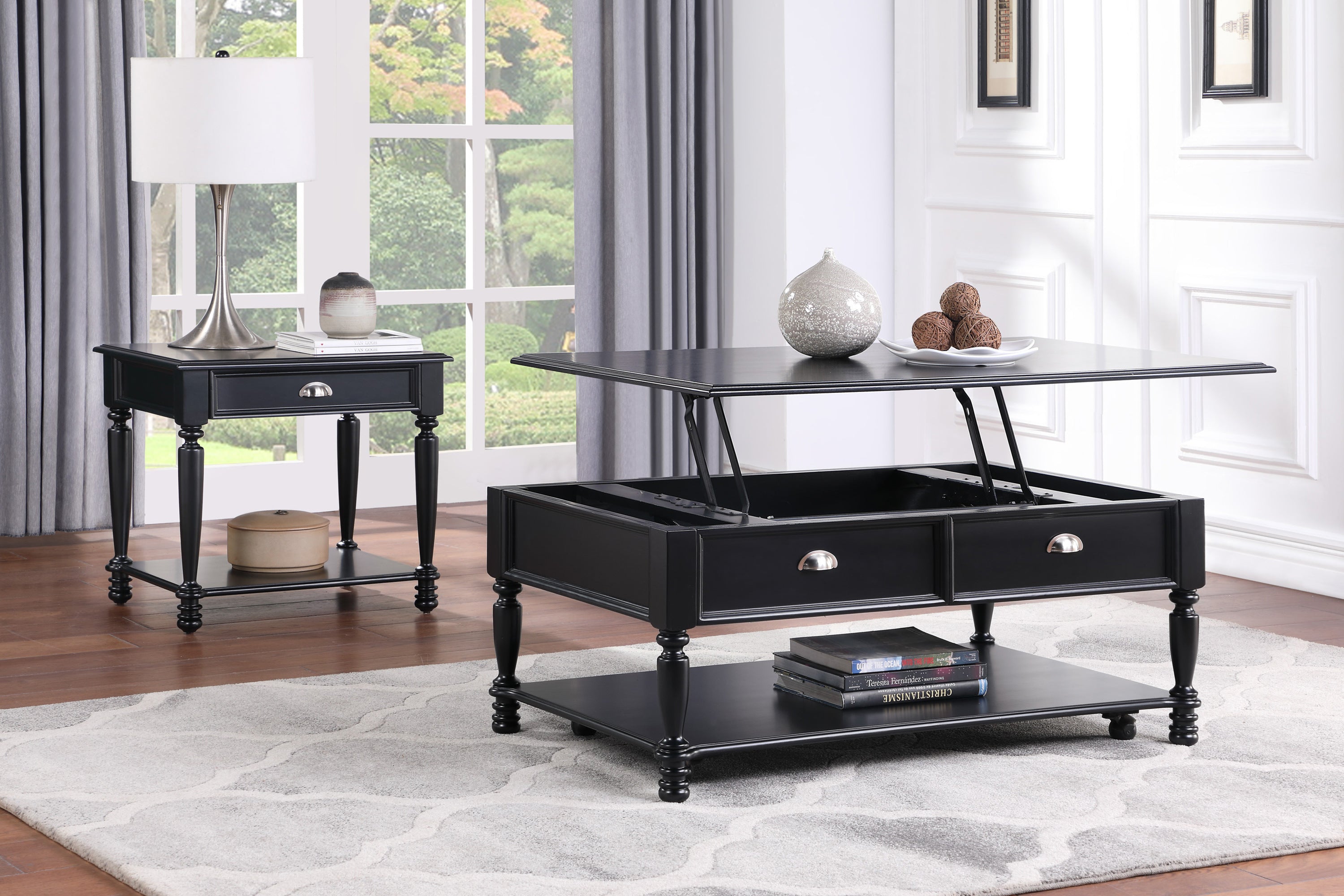 Classic Design Black Finish Lift Top Cocktail Table with Casters Bottom Shelf Wooden