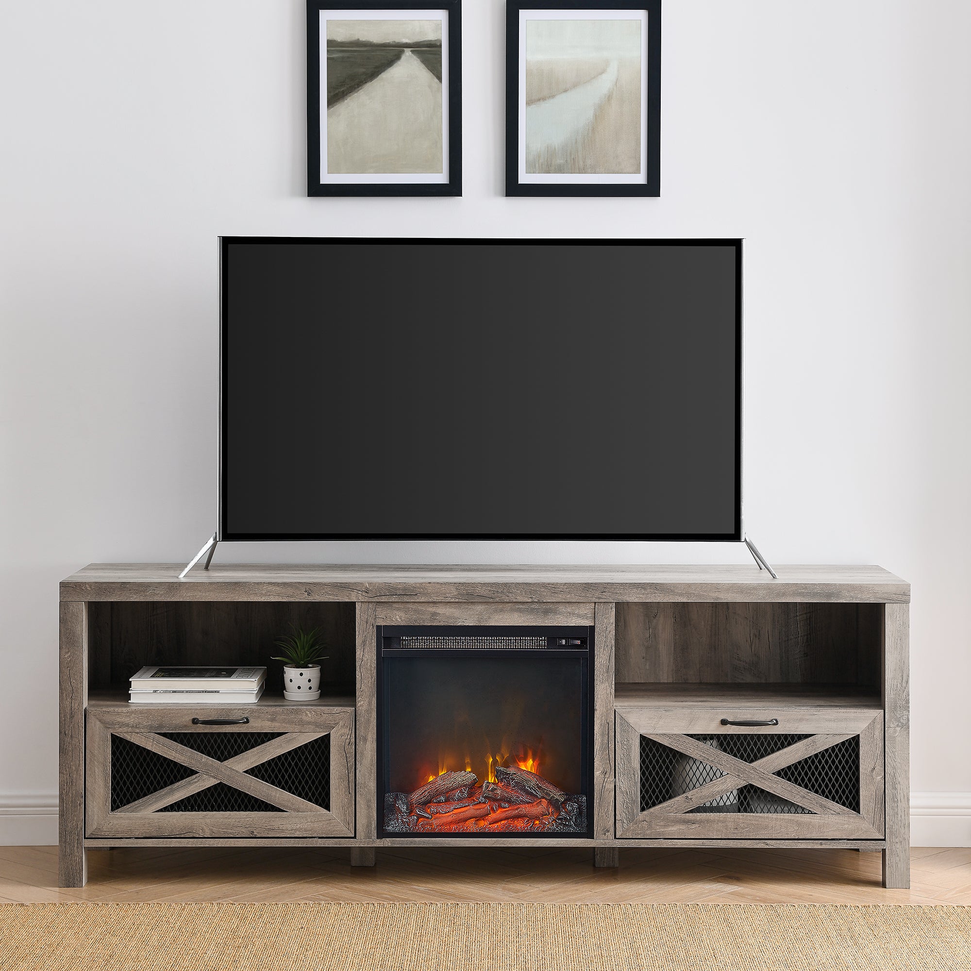 Industrial Farmhouse Metal Mesh Drop-Down X-Door 70" Fireplace TV Stand for 80" TVs