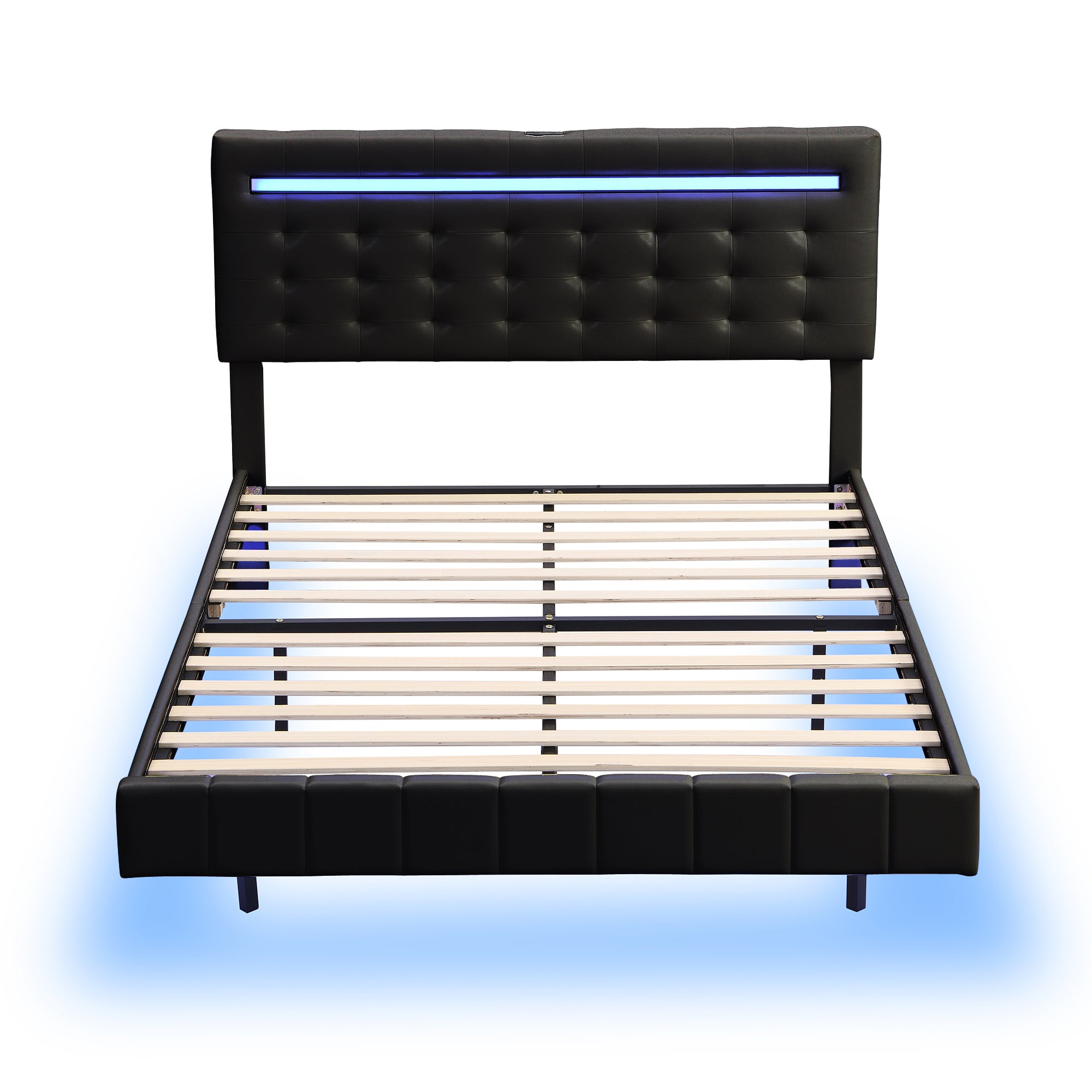 Full Size Floating Bed Frame with LED Lights and USB Charging, Modern Upholstered Platform LED Bed Frame