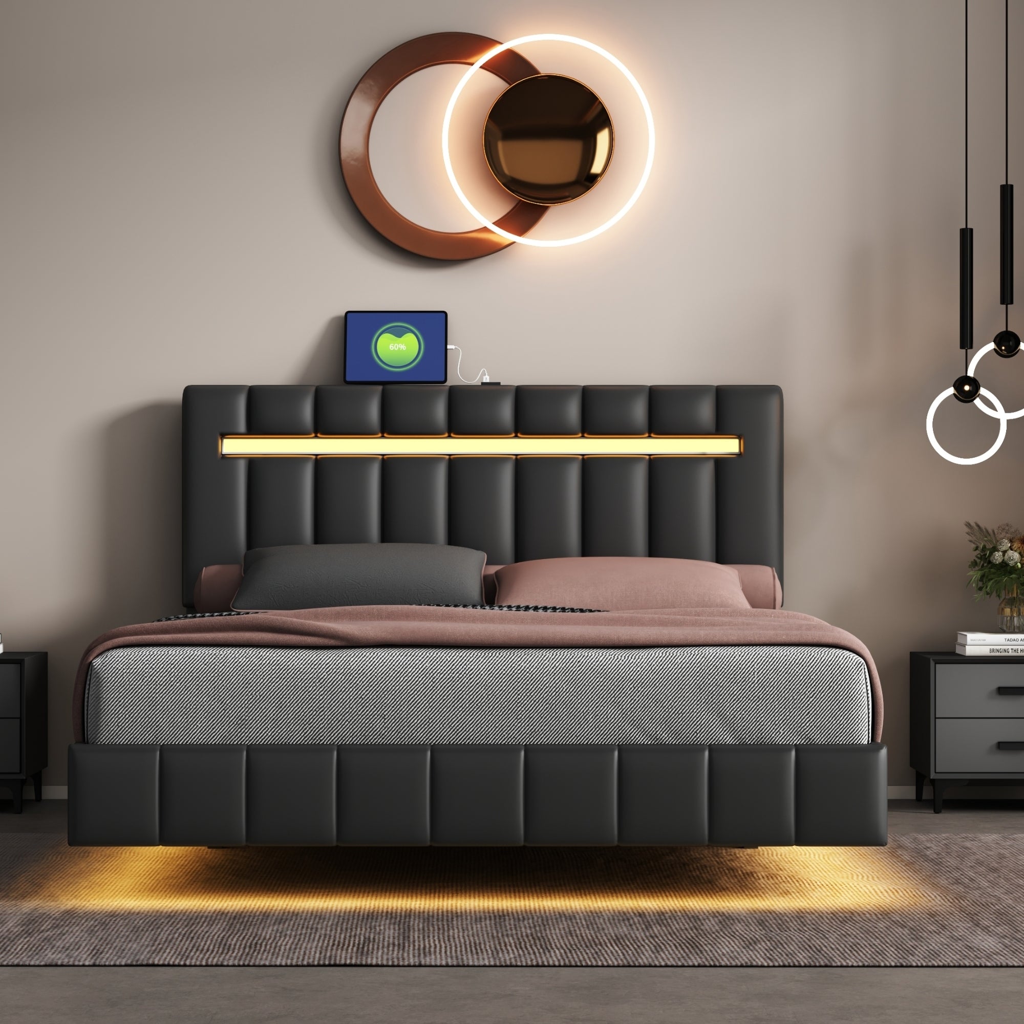 Queen Size Floating Bed Frame with LED Lights and USB Charging, Modern Upholstered Platform LED Bed Frame