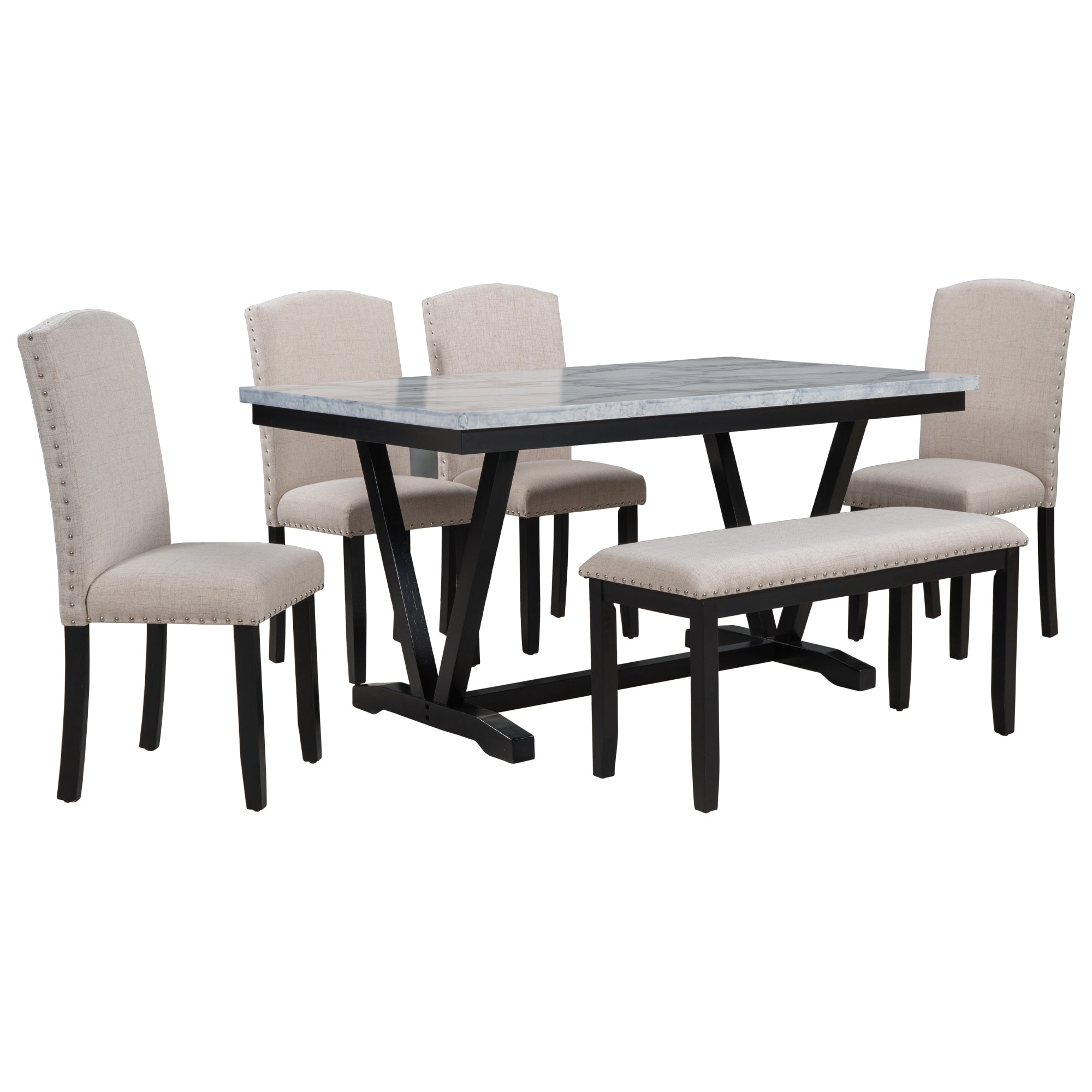 Modern Style 6-piece Dining Table with 4 Chairs & 1 Bench