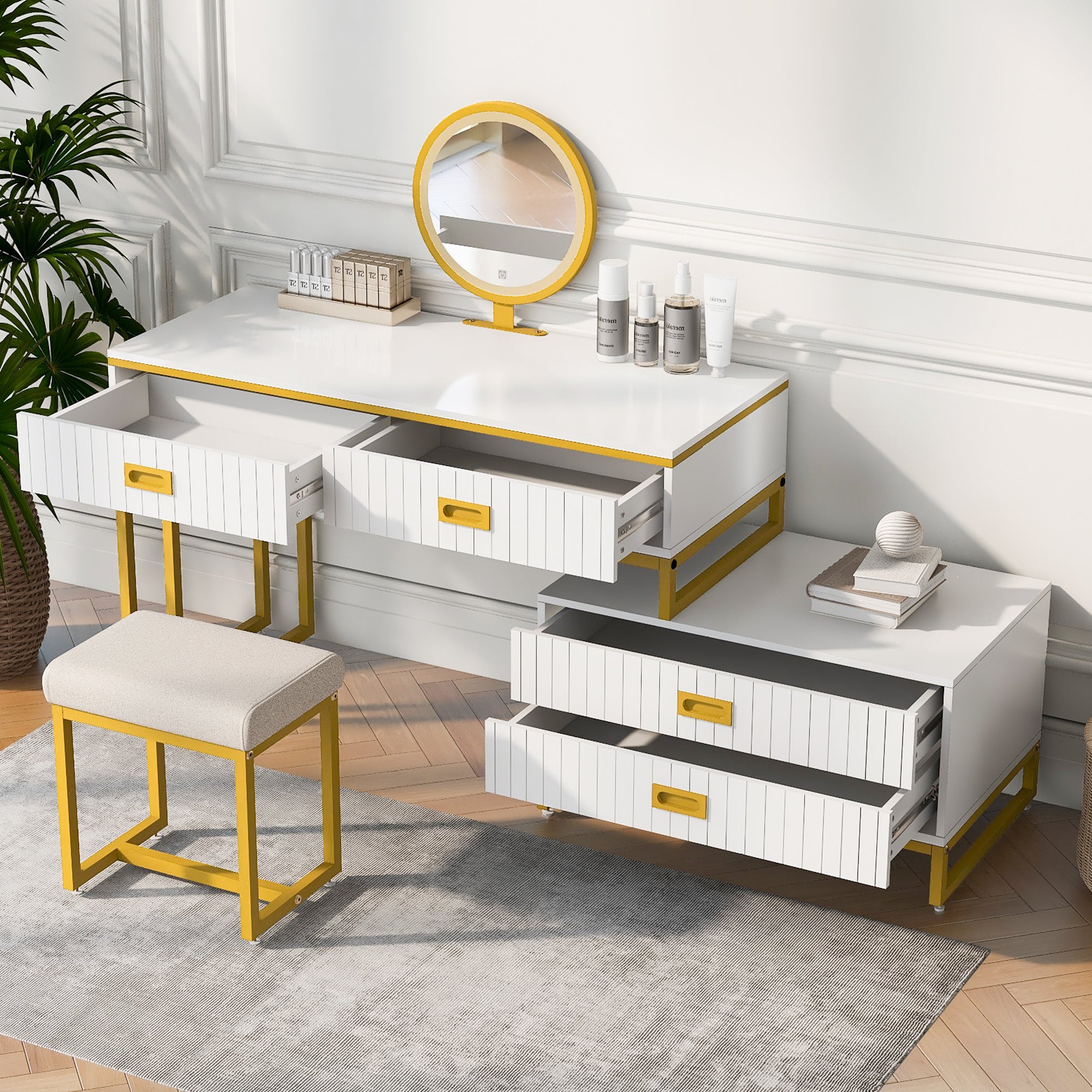 Modern Style Vanity Table With Movable Side Cabinet And 4-Drawers, Large Size Dressing Table With Mirror and 3-colors LED Light, Makeup Table With Stool,