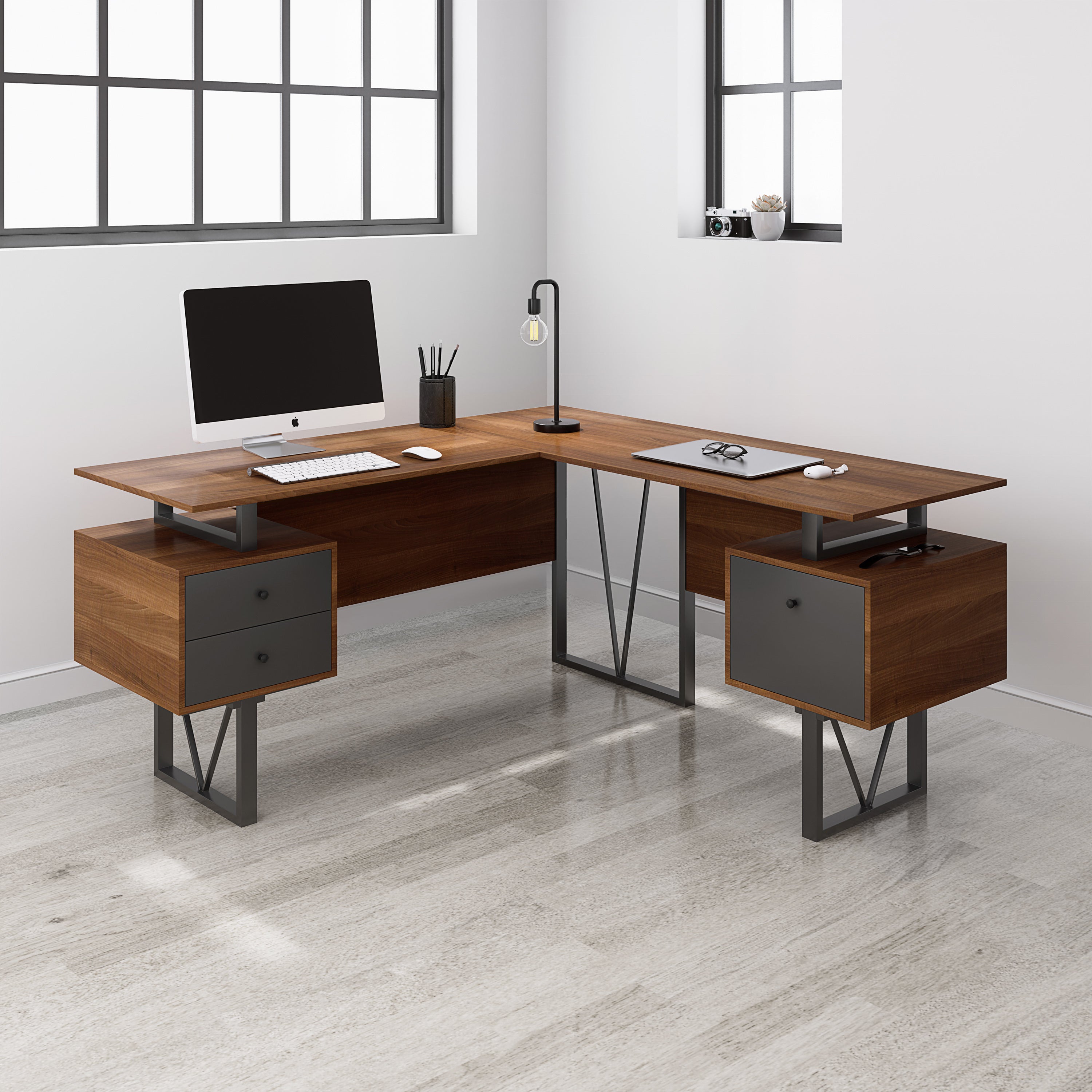 Reversible L-Shape Computer Desk with Drawers and File Cabinet