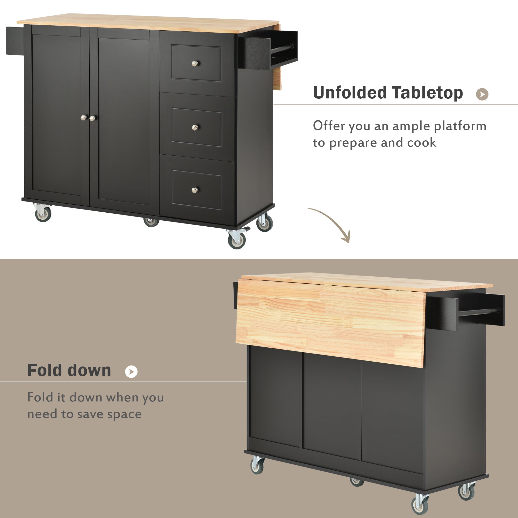 Rolling Mobile Kitchen Island with Solid Wood Top and Locking Wheels