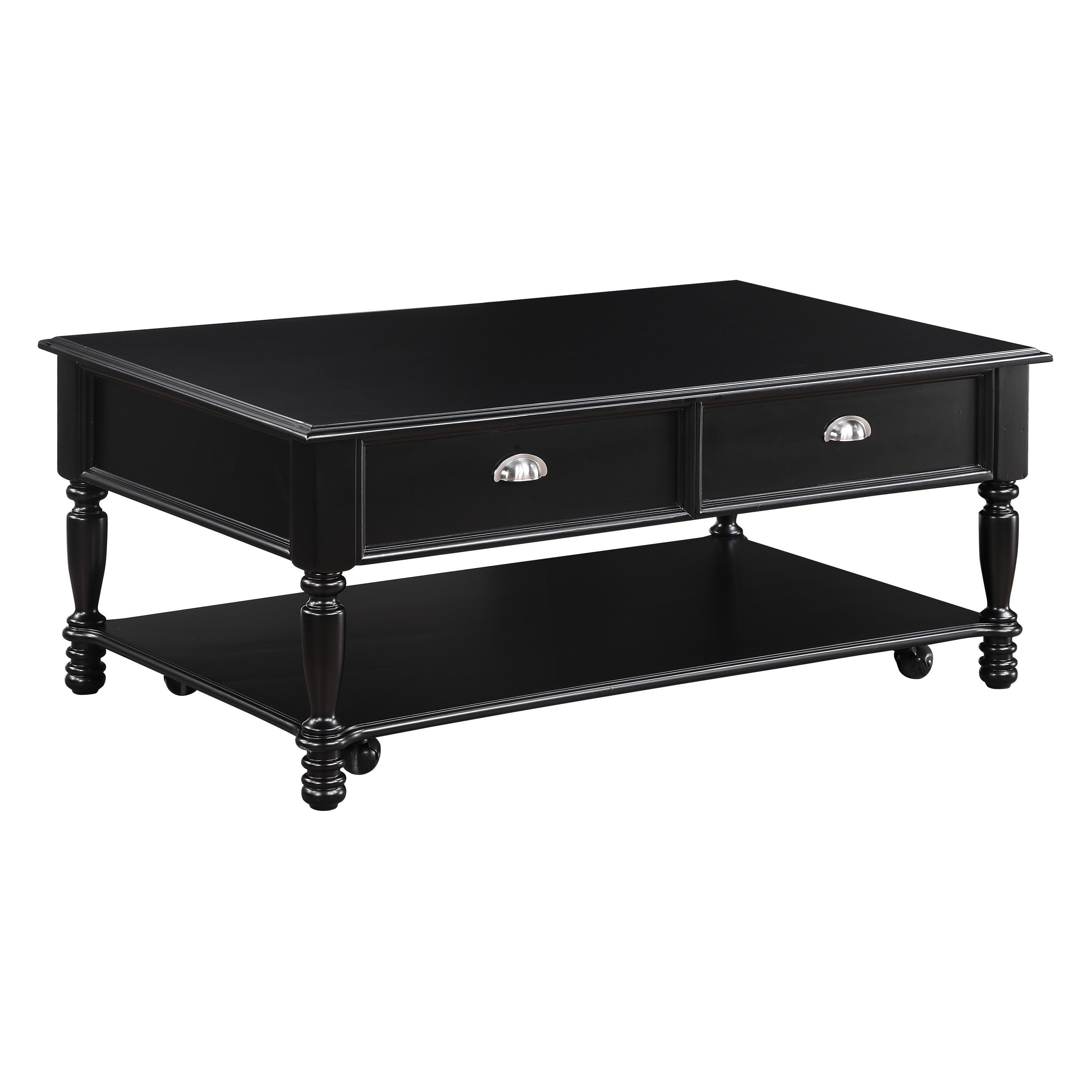 Classic Design Black Finish Lift Top Cocktail Table with Casters Bottom Shelf Wooden