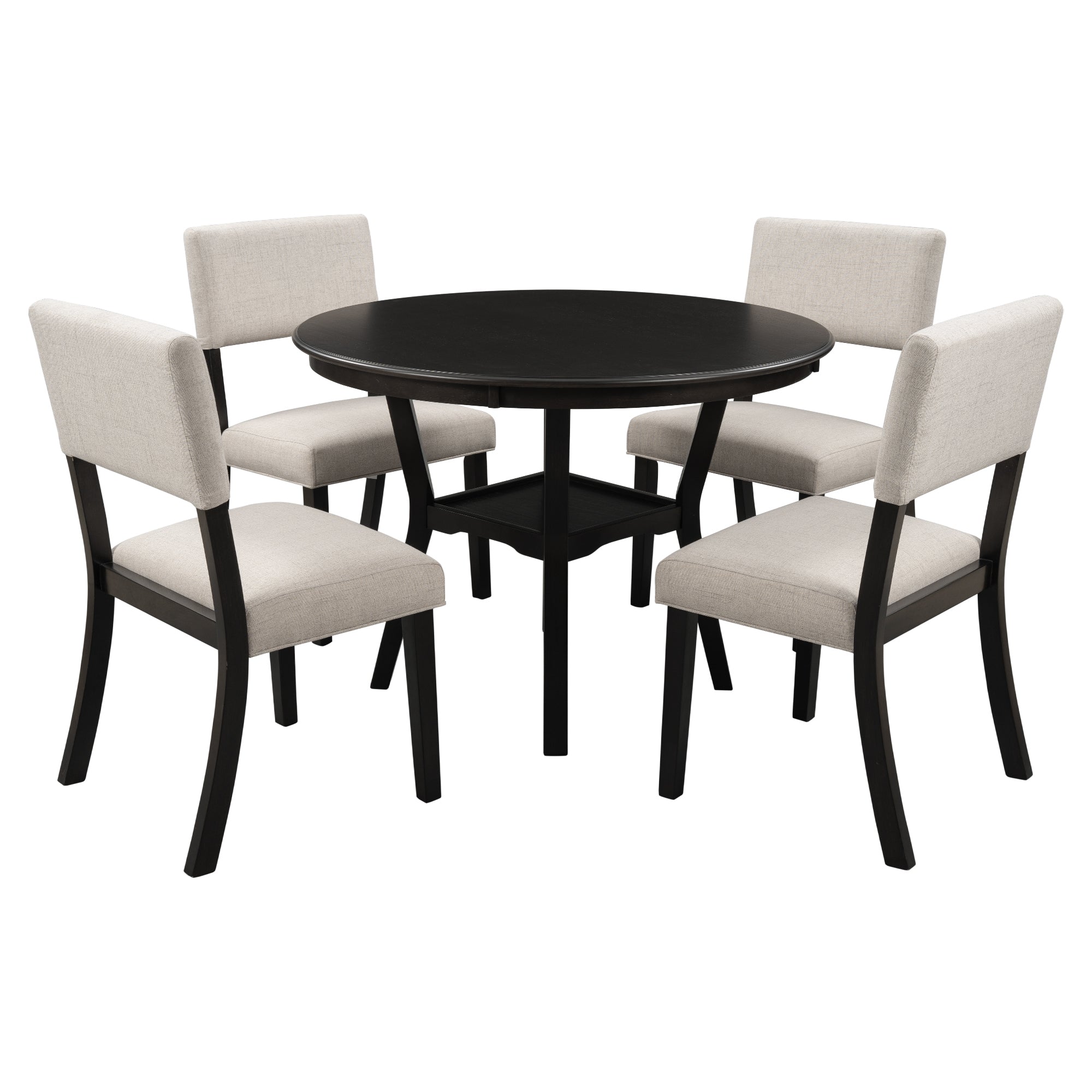 5-Piece Kitchen Dining Table Set Round Table with Bottom Shelf, 4 Chairs for Dining Room