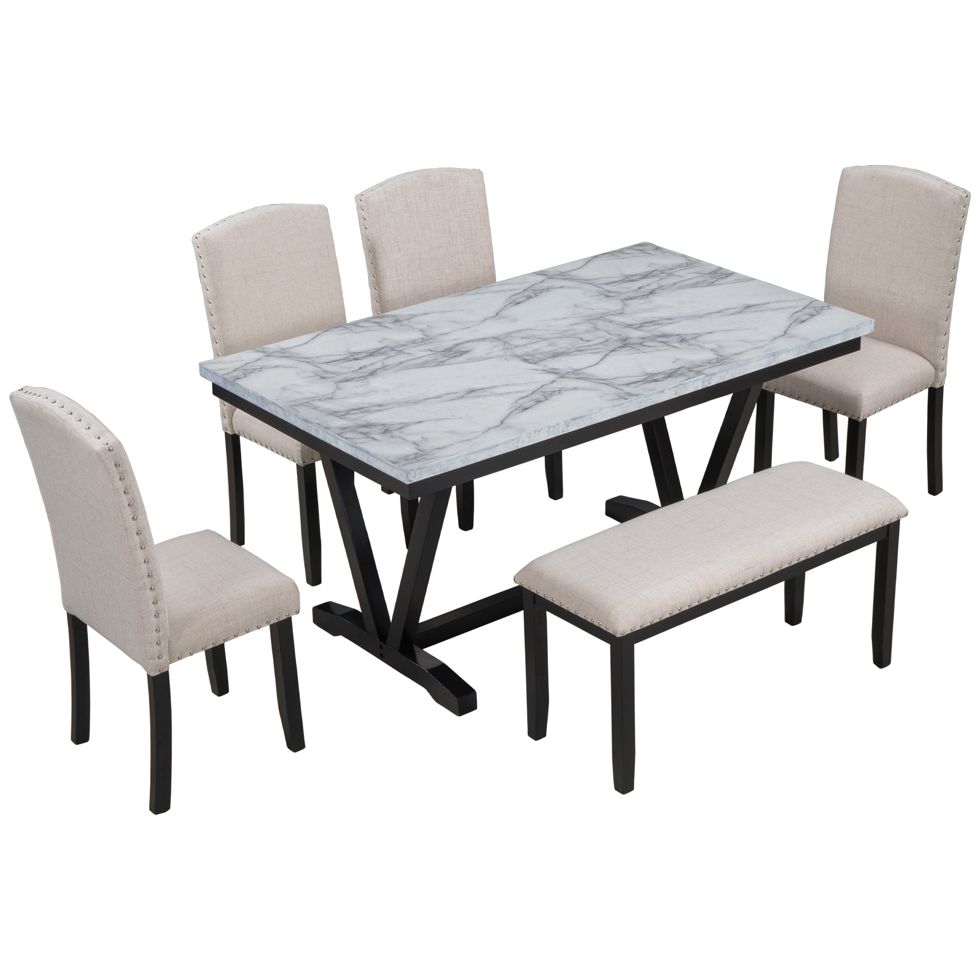 Modern Style 6-piece Dining Table with 4 Chairs & 1 Bench