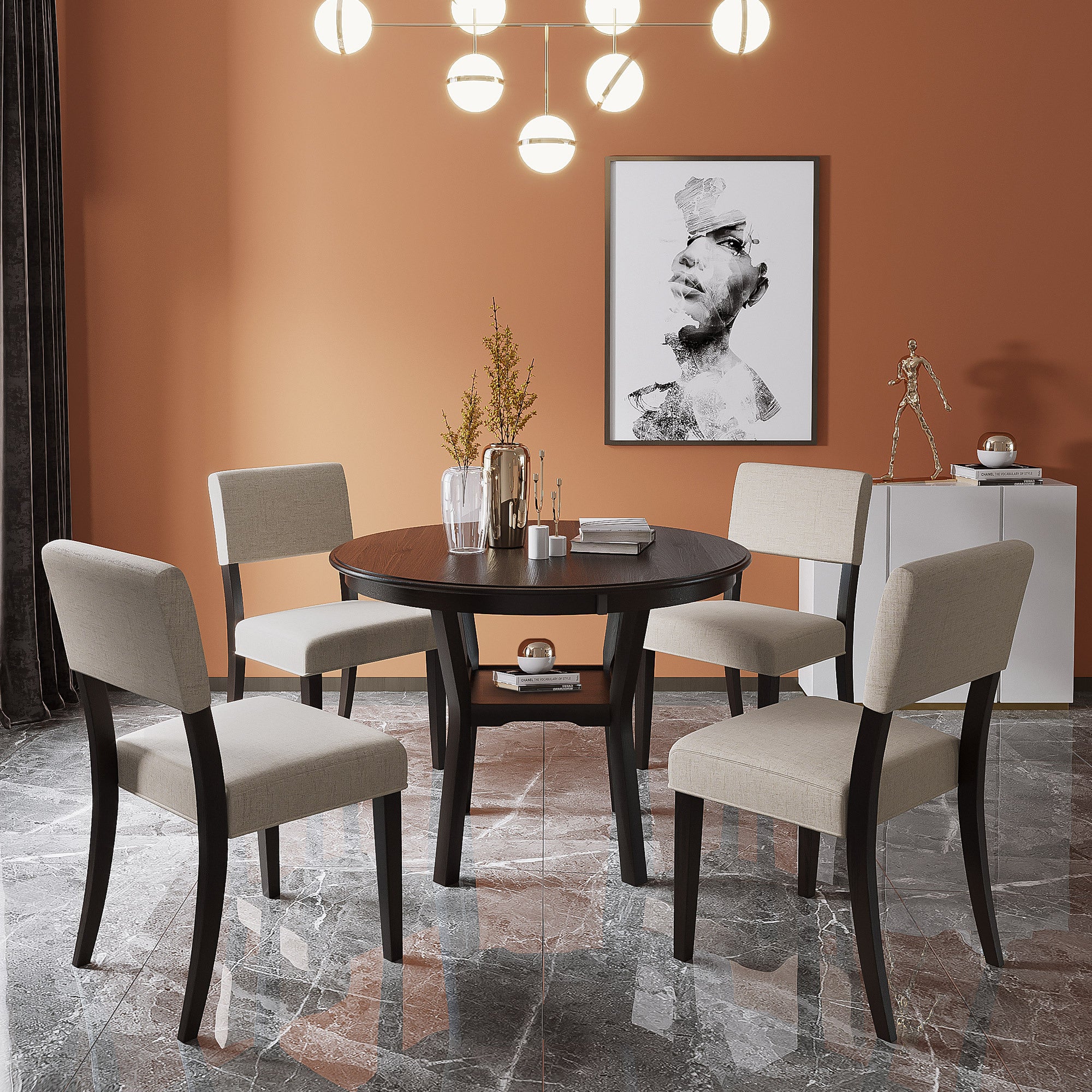 5-Piece Kitchen Dining Table Set Round Table with Bottom Shelf, 4 Chairs for Dining Room