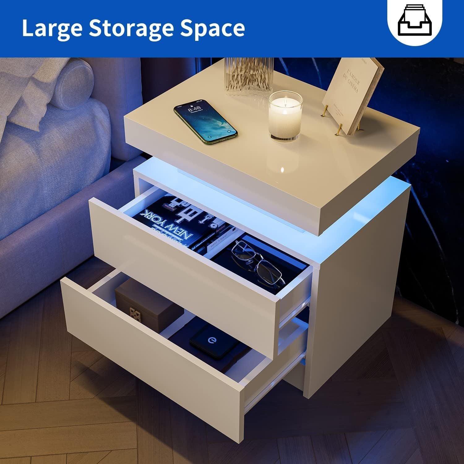 Nightstand LED Bedside Table Cabinet Lights Modern End Side with 2 Drawers