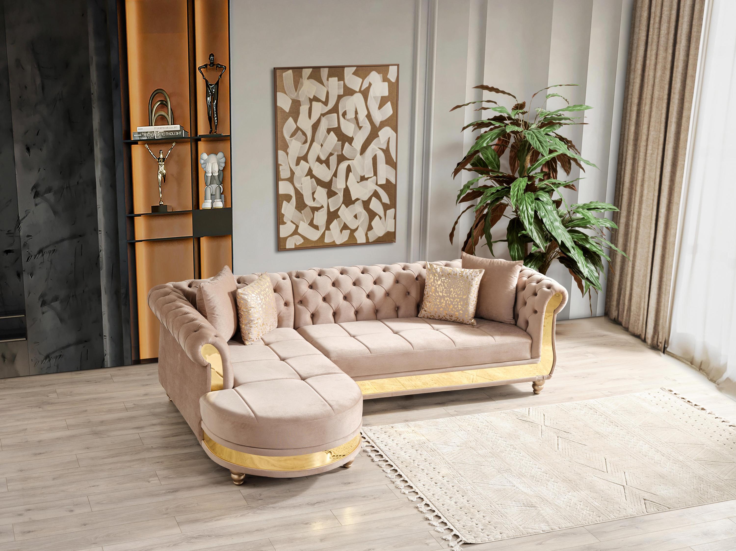Gold Detailed Tufted Upholstery Sectional made with Wood In Taupe