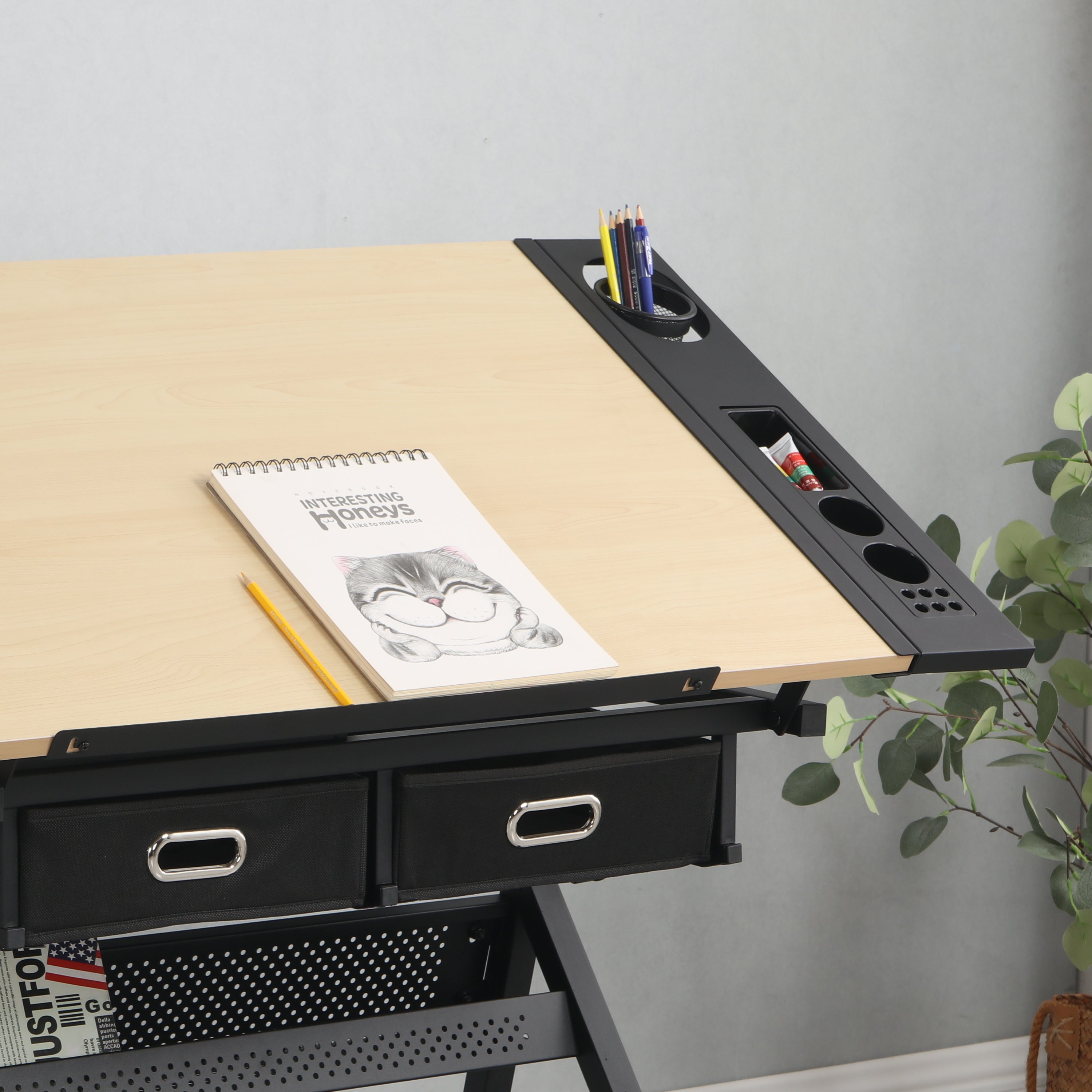 Adjustable drawing drafting table desk with 2 drawers for home office and school with stool